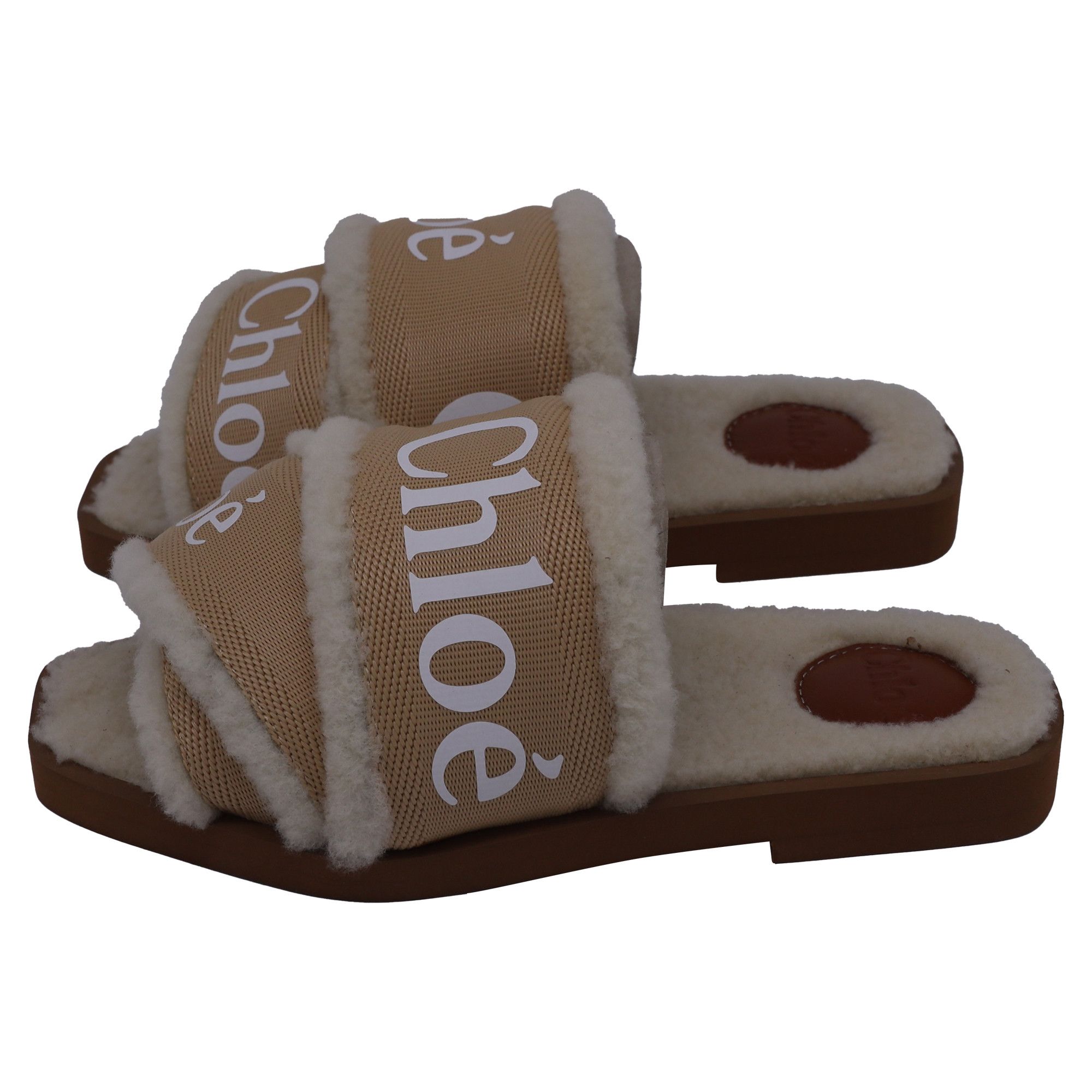 Chloe Chloe Woody Shearling Flat Slides in Beige Canvas Size US 5 / IT 35 - 4 Thumbnail
