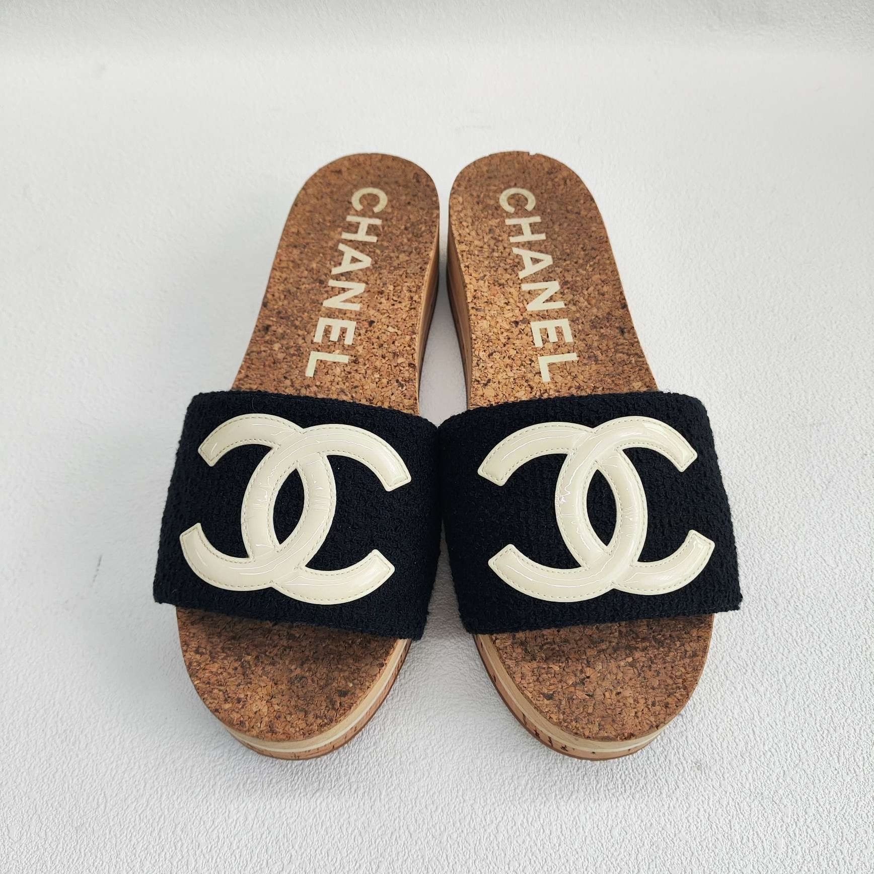 Chanel Chanel CC Logo Tweed Cork Platform Slides Size 39 Size US 8 / IT 38 - 3 Thumbnail