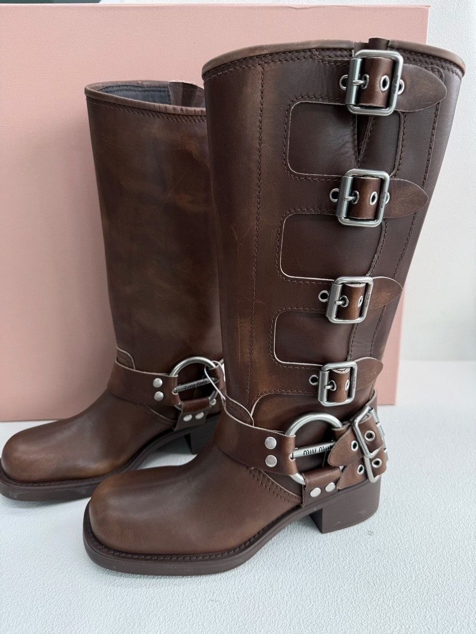 Miu Miu Miu Miu Brown Leather Buckled Motorcycle Boots Size 38.5 Size US 8.5 / IT 38.5 - 2 Thumbnail