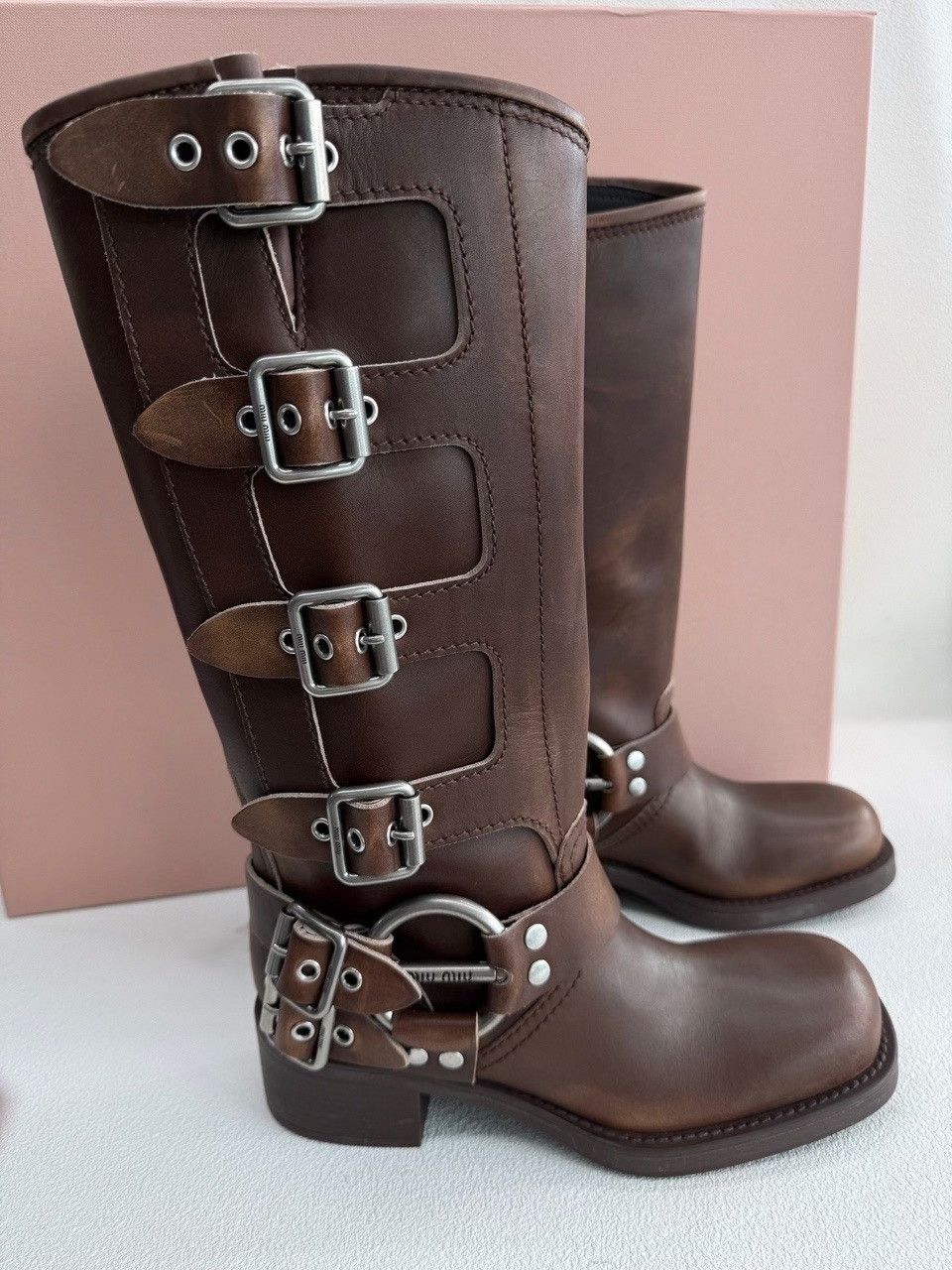Miu Miu Miu Miu Brown Leather Buckled Motorcycle Boots Size 38.5 Size US 8.5 / IT 38.5 - 5 Thumbnail