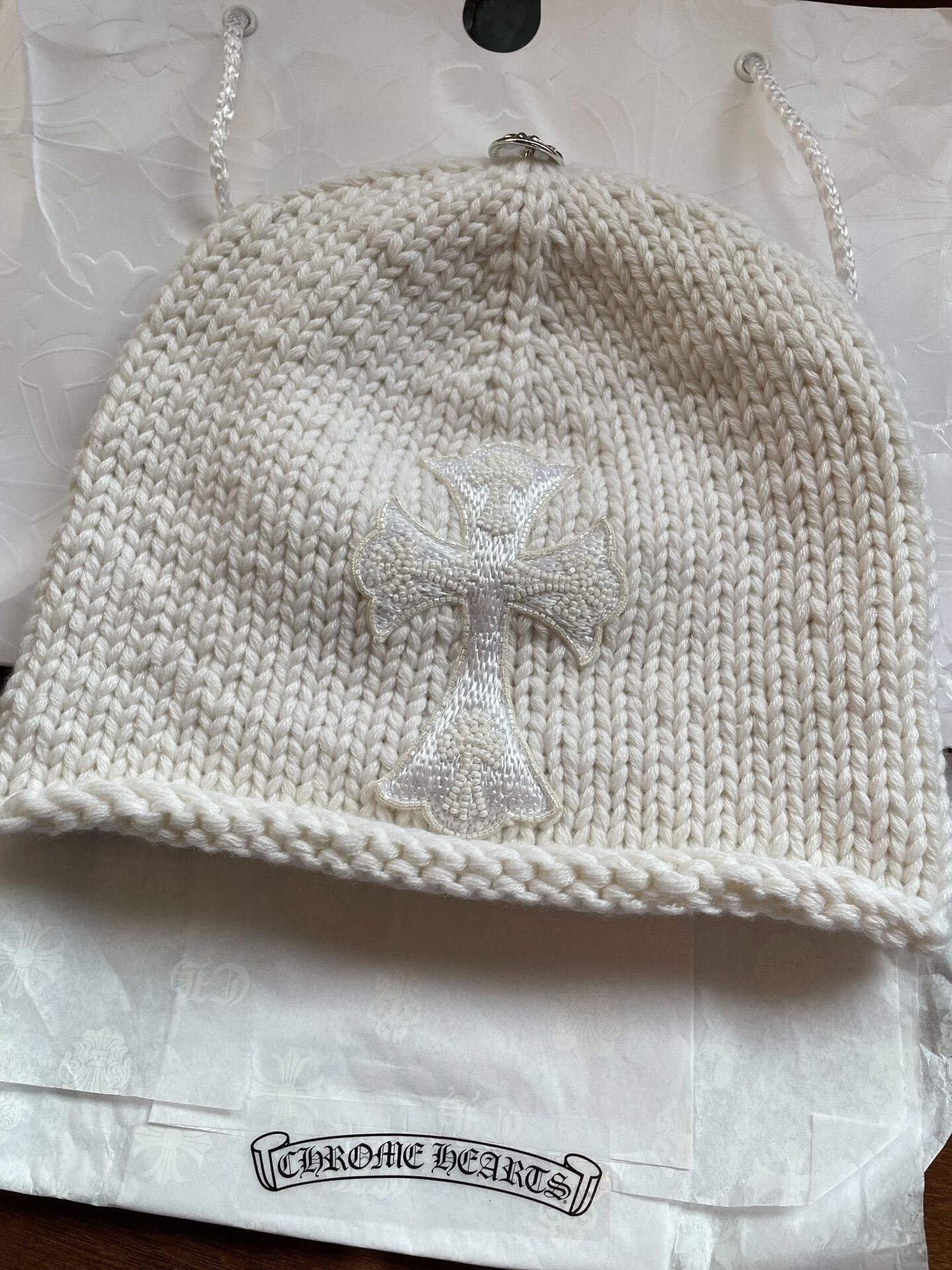 Chrome Hearts White Knit Beanie with Embroidered Cross Size ONE SIZE - 2 Thumbnail