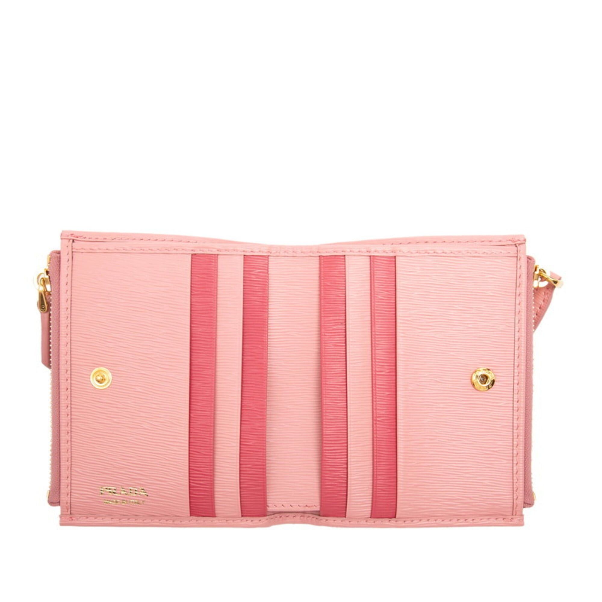 Prada Prada Logo Bi-fold Wallet Compact 1ML024 Pink Leather Women's PRADA Size ONE SIZE - 4 Thumbnail