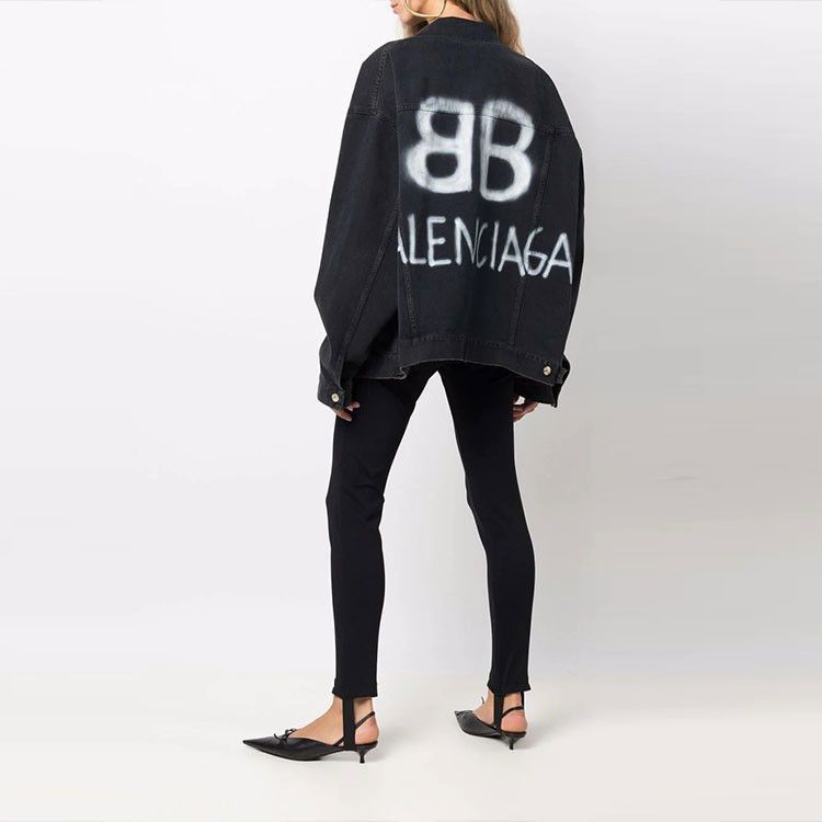 Balenciaga Black Denim Jacket with Spray Logo Size US L / EU 52-54 / 3 - 8 Thumbnail