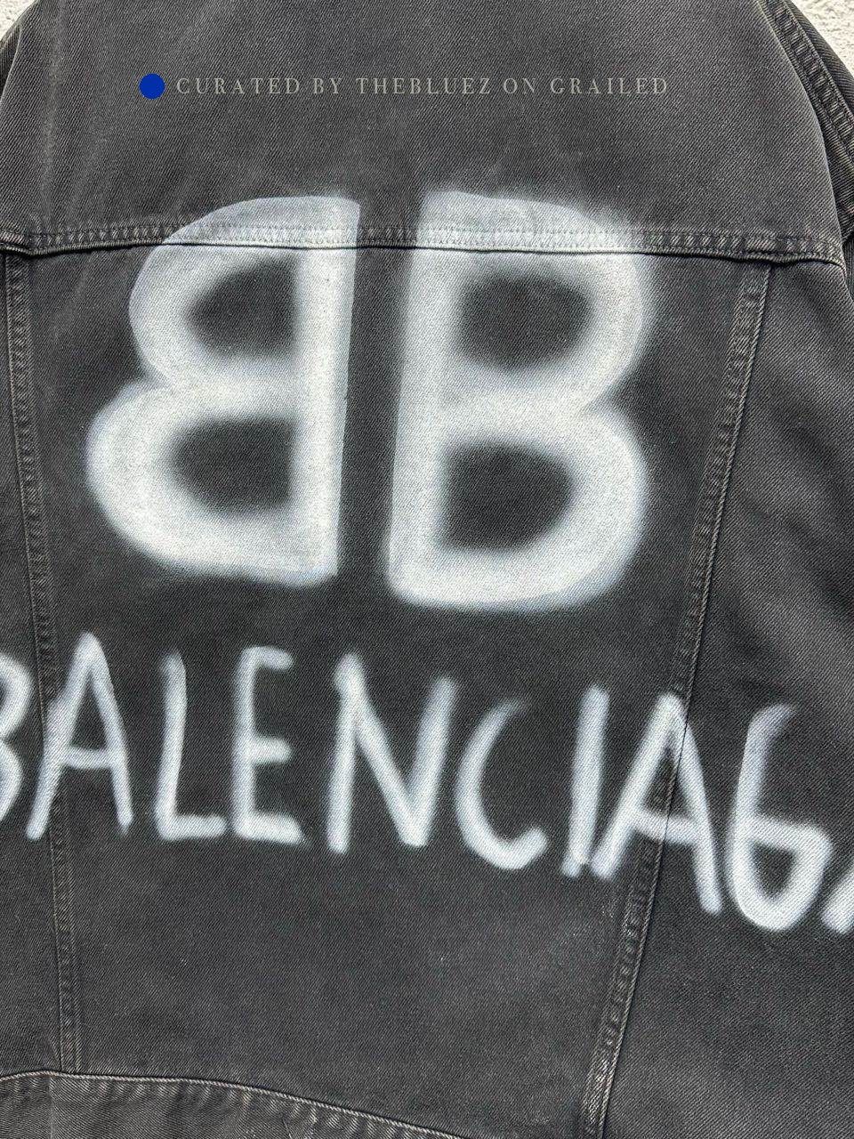 Balenciaga Black Denim Jacket with Spray Logo Size US L / EU 52-54 / 3 - 5 Thumbnail