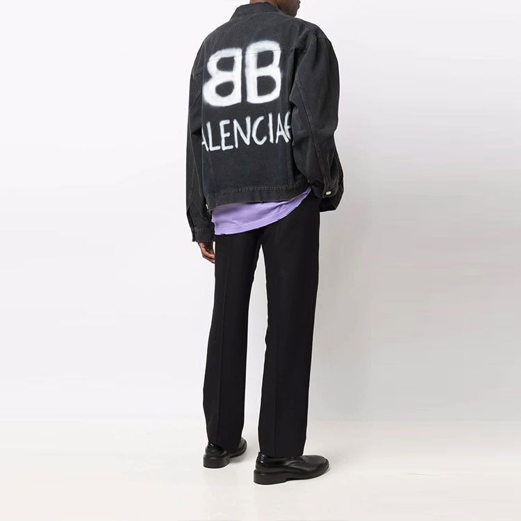 Balenciaga Black Denim Jacket with Spray Logo Size US L / EU 52-54 / 3 - 9 Thumbnail