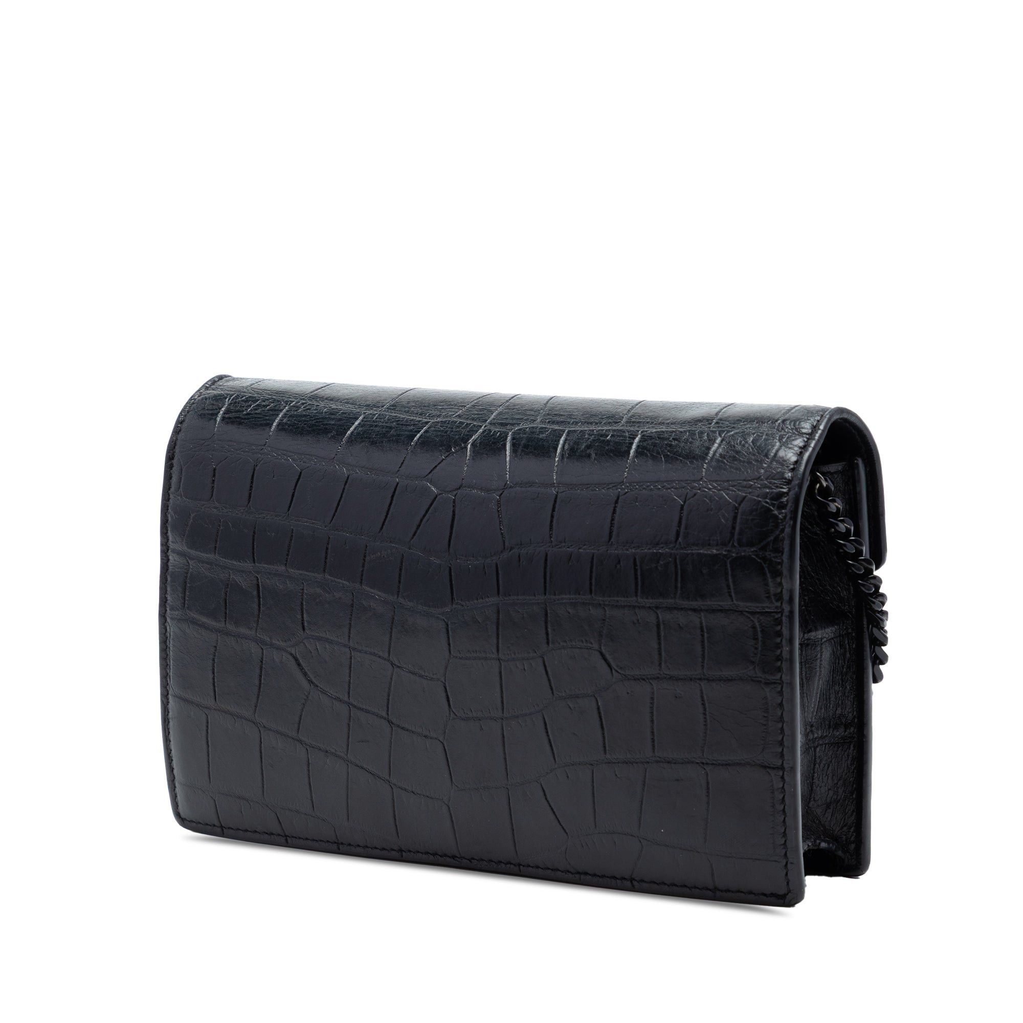 Saint Laurent Paris Croc Embossed Leather Monogram Monochrome Envelope Chain Wallet Size ONE SIZE - 2 Thumbnail