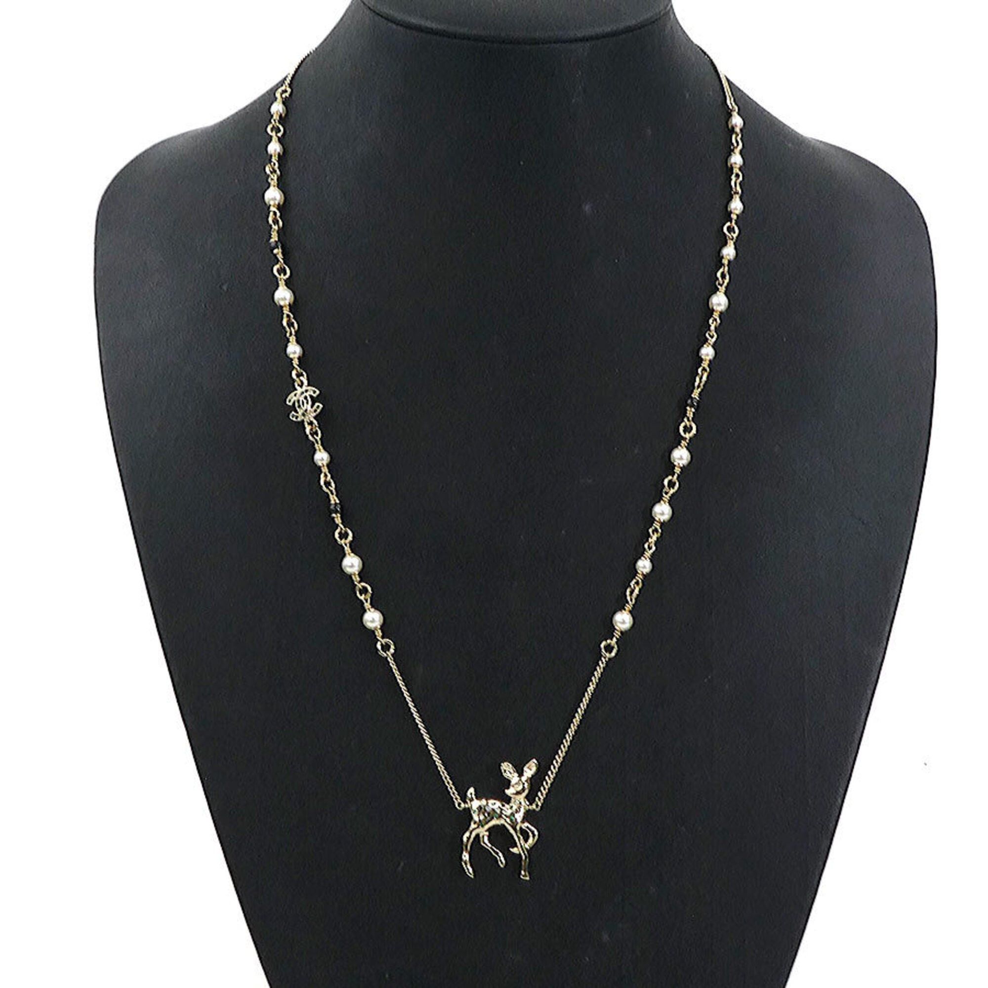 Chanel Chanel Bambi Necklace, Metal, Faux Pearl, Gold, Off-White, Black, Green, Women's, e61909a Size ONE SIZE - 9 Thumbnail