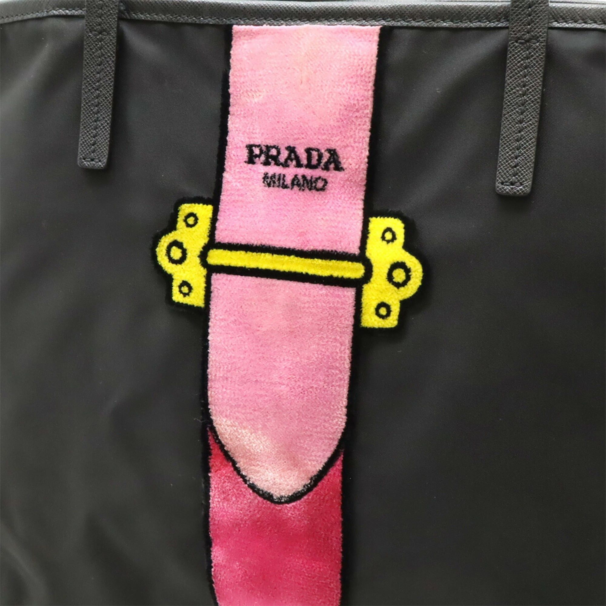 Prada PRADA Velour Belt Motif Tote Bag Shoulder Nylon Leather Black Pink 1BG065 Size ONE SIZE - 10 Thumbnail