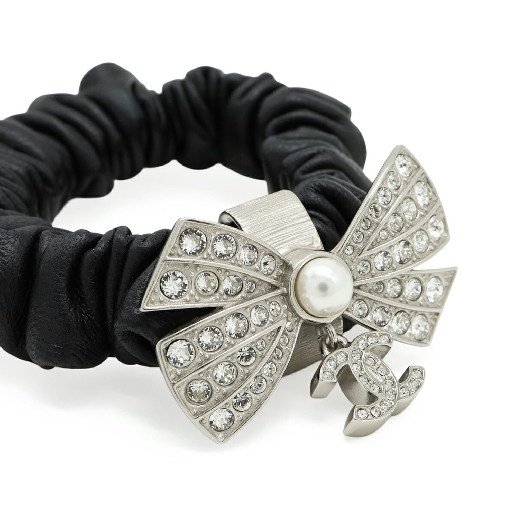 Chanel CHANEL Coco Mark Ribbon Rhinestone Leather Scrunchie Hair Tie with Faux Pearl, Black (A22P) Size ONE SIZE - 4 Thumbnail