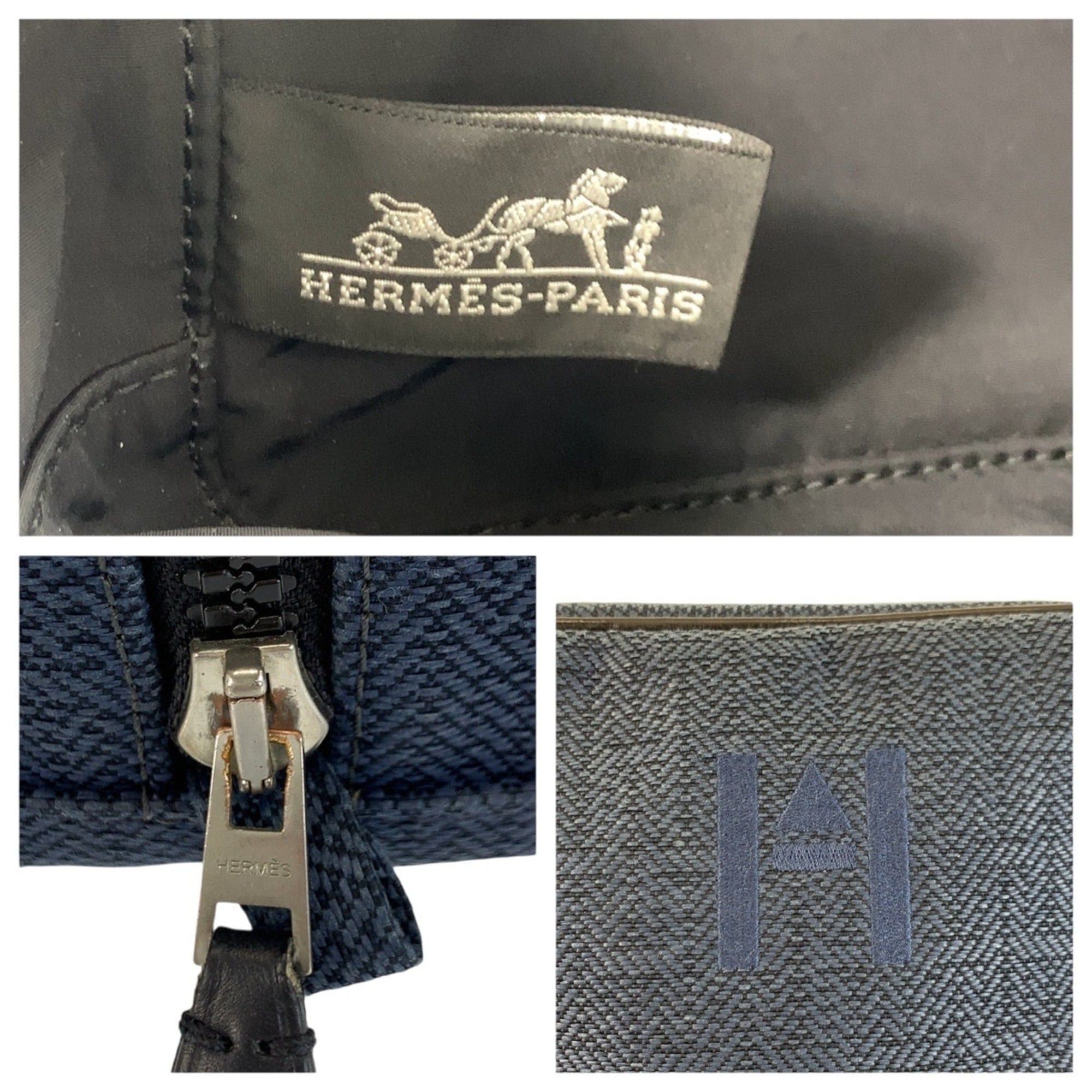 Hermes HERMES Globe-Trotter MM Navy Black Silver Hardware Toile Chevron Handbag Pouch Clutch Bag for Women Size ONE SIZE - 3 Thumbnail