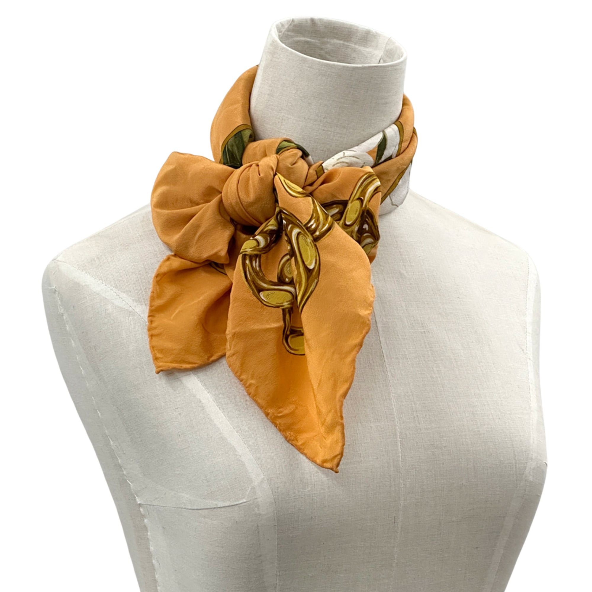 Chanel Chanel scarf/muffler, women's, brand name, silk, orange, multicolor, camellia, floral pattern, chain. Size ONE SIZE - 6 Thumbnail
