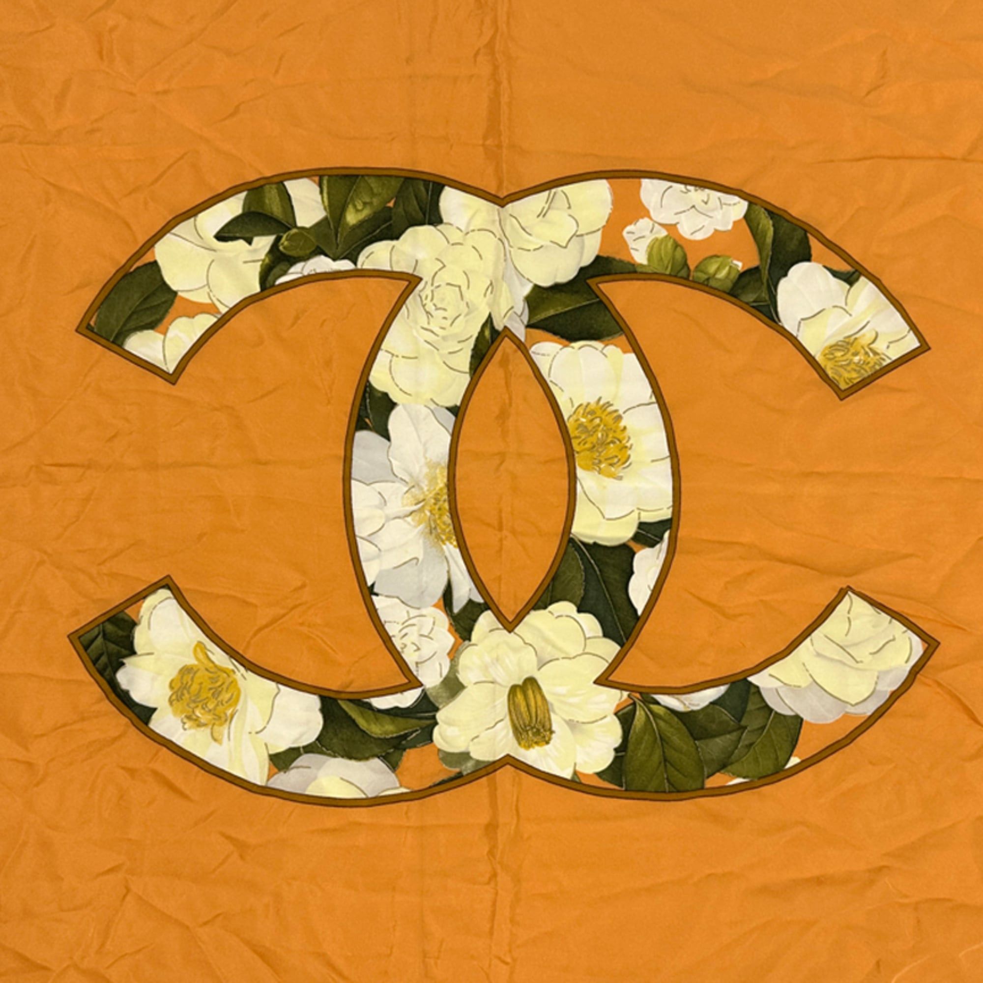 Chanel Chanel scarf/muffler, women's, brand name, silk, orange, multicolor, camellia, floral pattern, chain. Size ONE SIZE - 2 Thumbnail