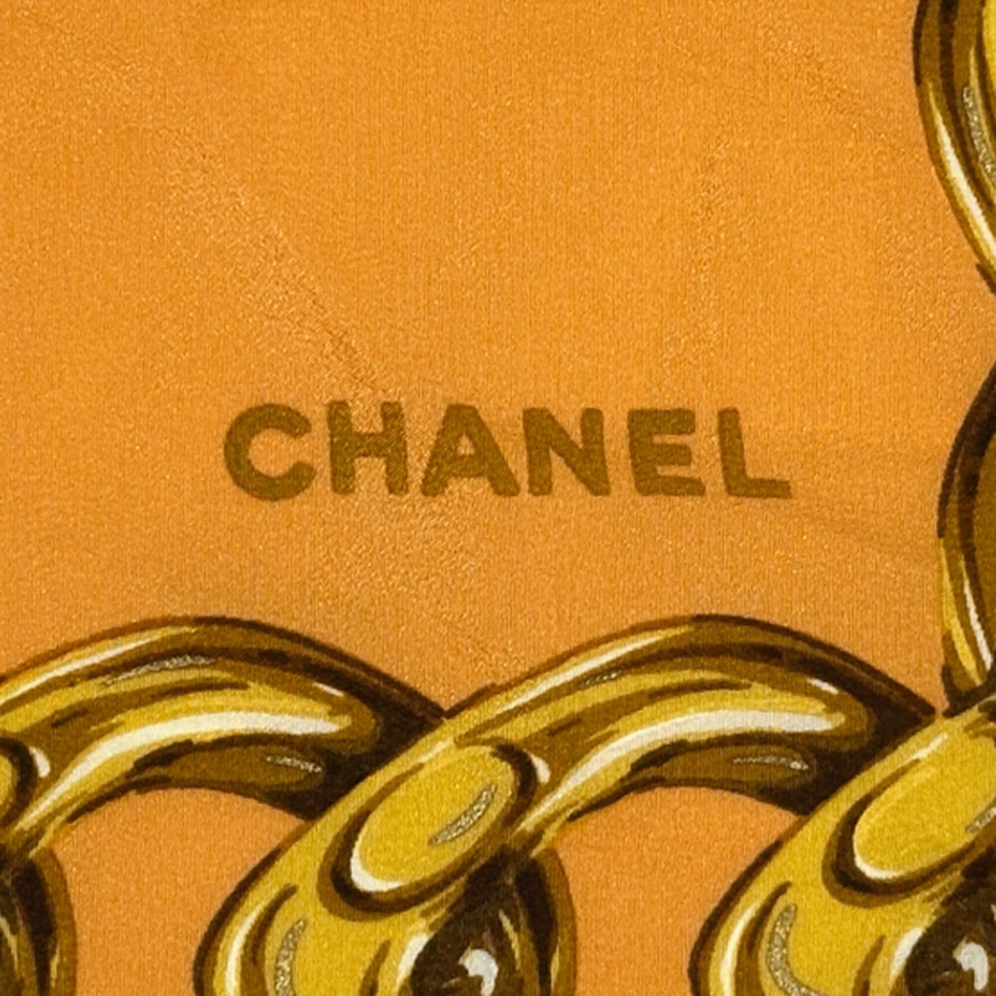 Chanel Chanel scarf/muffler, women's, brand name, silk, orange, multicolor, camellia, floral pattern, chain. Size ONE SIZE - 5 Thumbnail