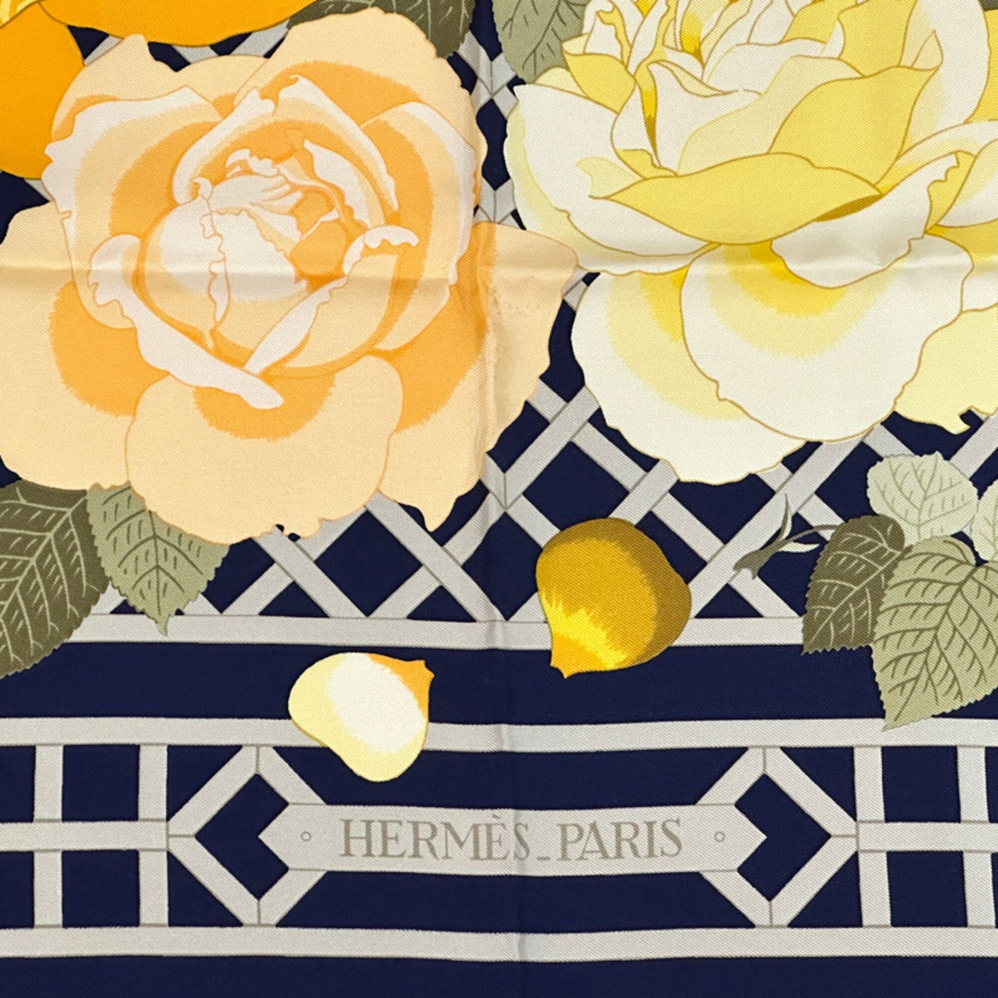Hermes Hermes scarf/muffler, Carre 90, ROSRRAIE (Rose Garden), women's, brand name, silk, navy, orange, multicolor, floral pattern. Size ONE SIZE - 3 Thumbnail
