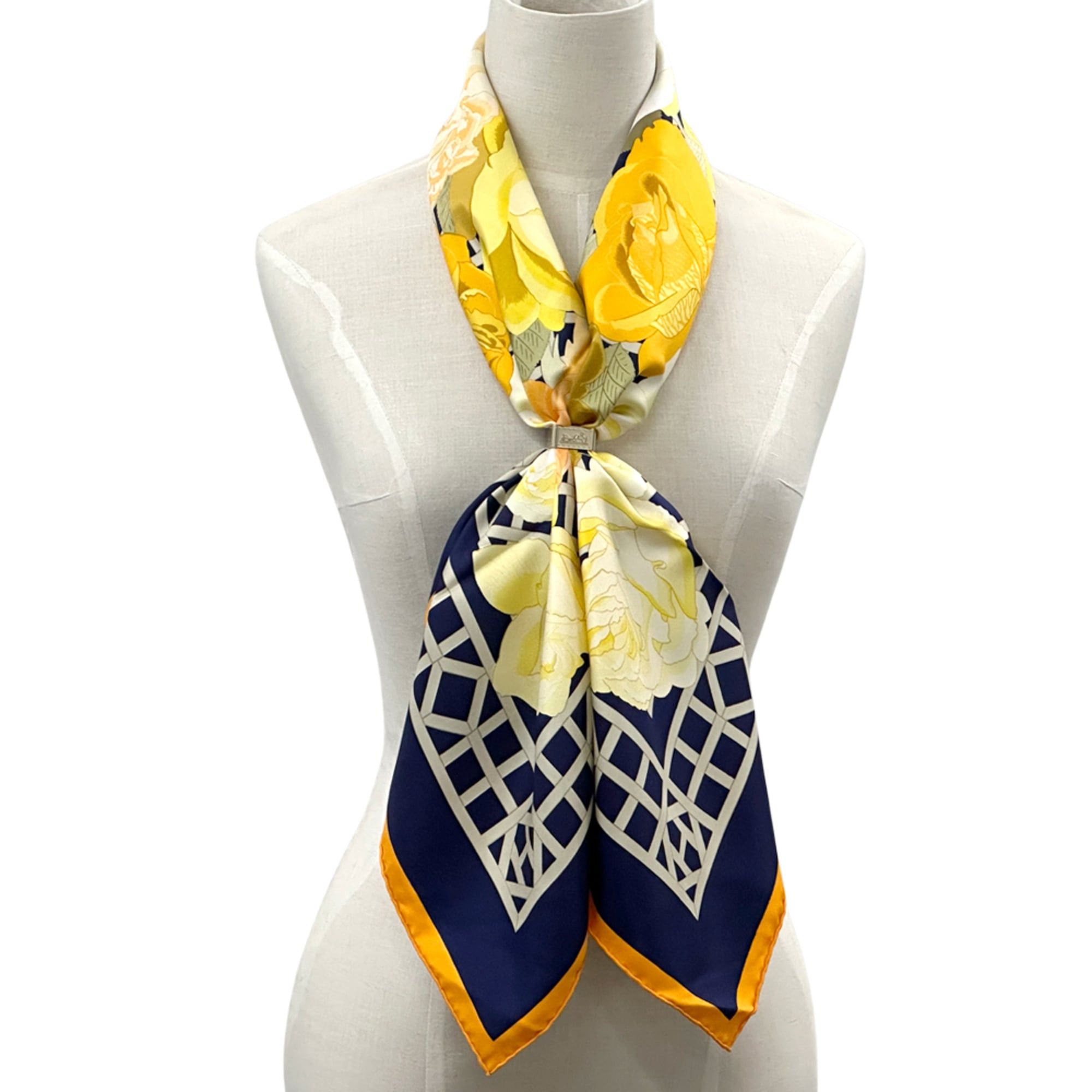 Hermes Hermes scarf/muffler, Carre 90, ROSRRAIE (Rose Garden), women's, brand name, silk, navy, orange, multicolor, floral pattern. Size ONE SIZE - 6 Thumbnail