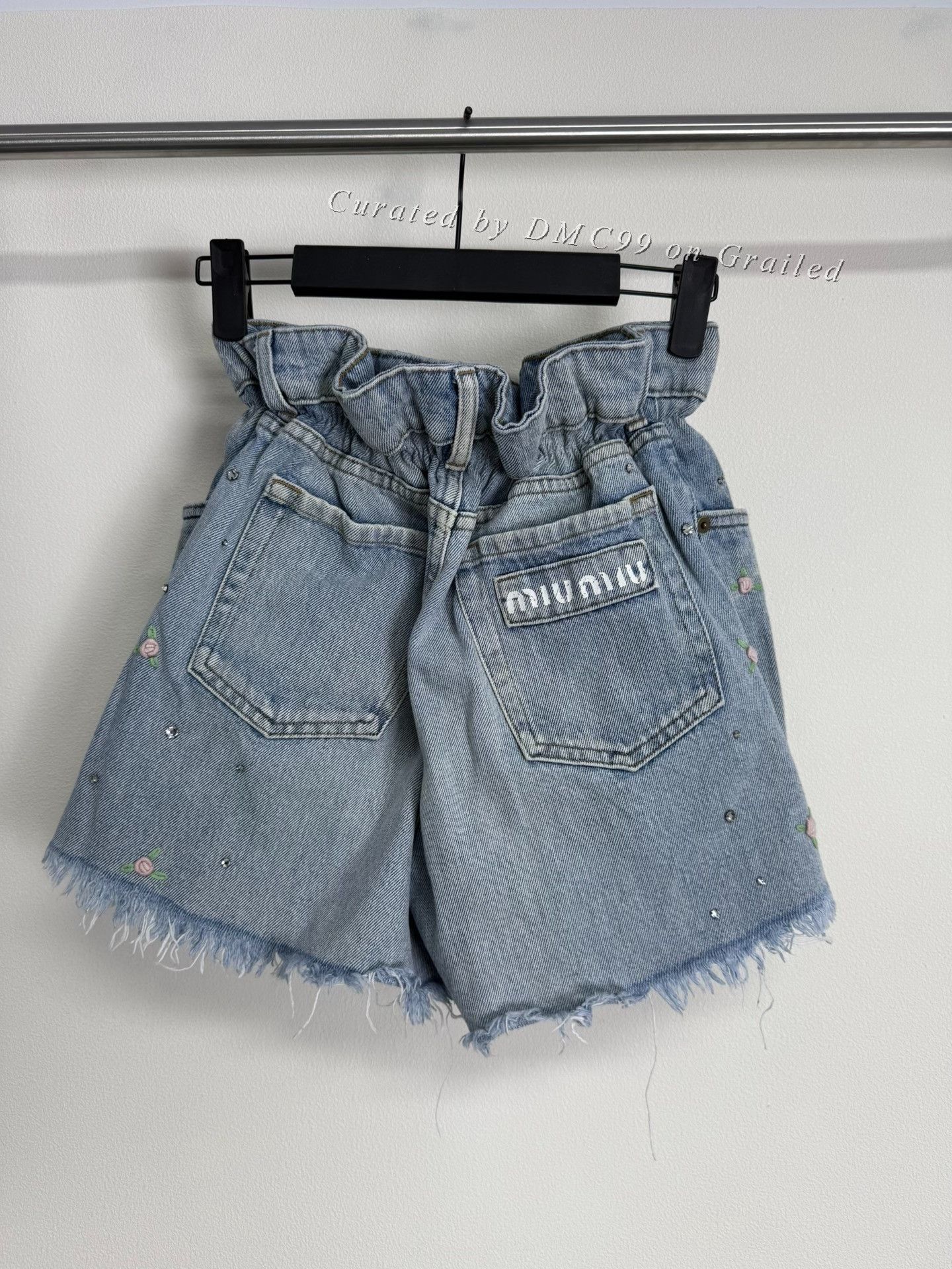 Miu Miu Miumiu Rhinestone Flower Denim Shorts Size 26" / US 2 / IT 38 - 2 Thumbnail