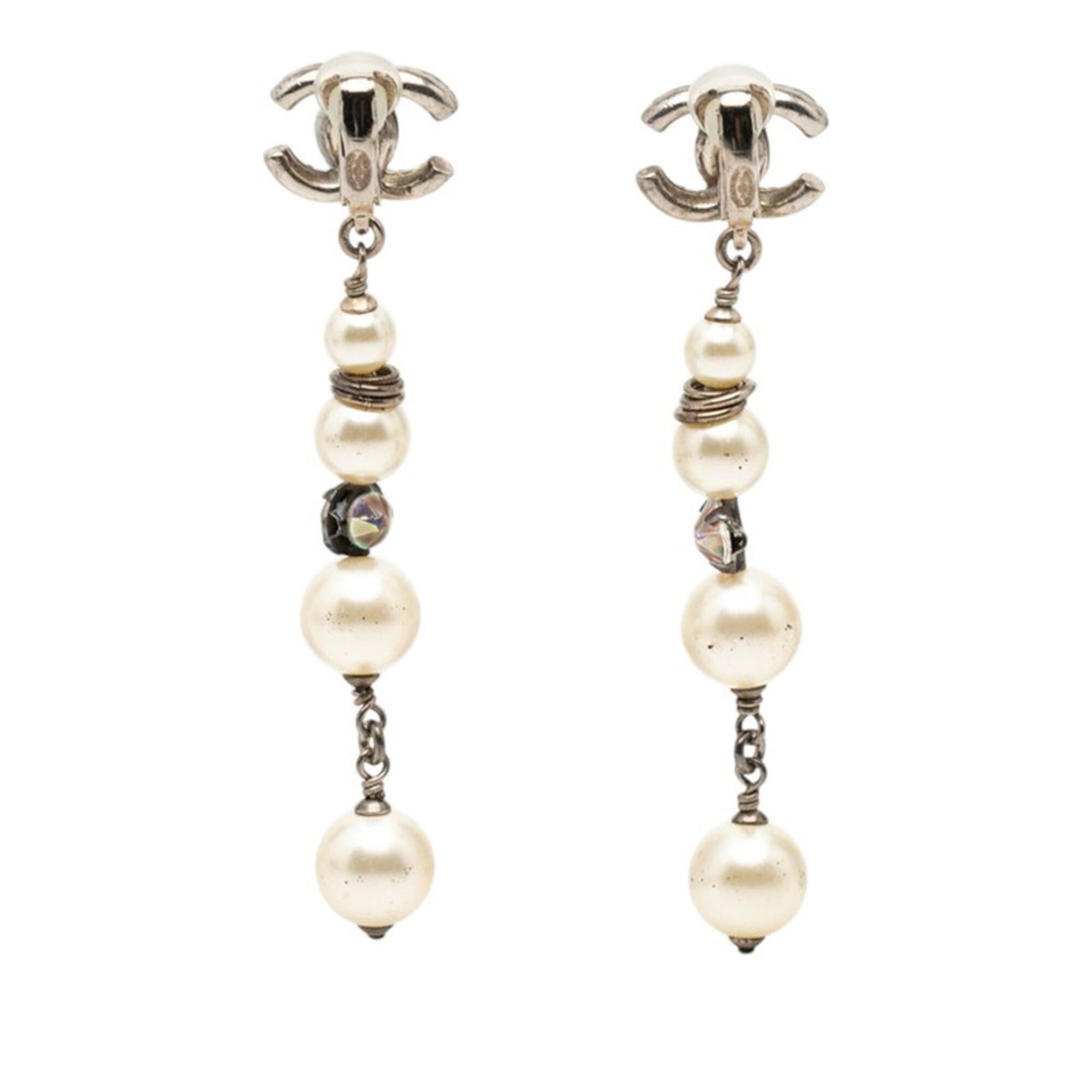 Chanel Chanel Coco Mark 4-strand Pearl Earrings, 17K Stamped, Silver Metal, Faux Rhinestones, Women's CHANEL Size ONE SIZE - 2 Thumbnail