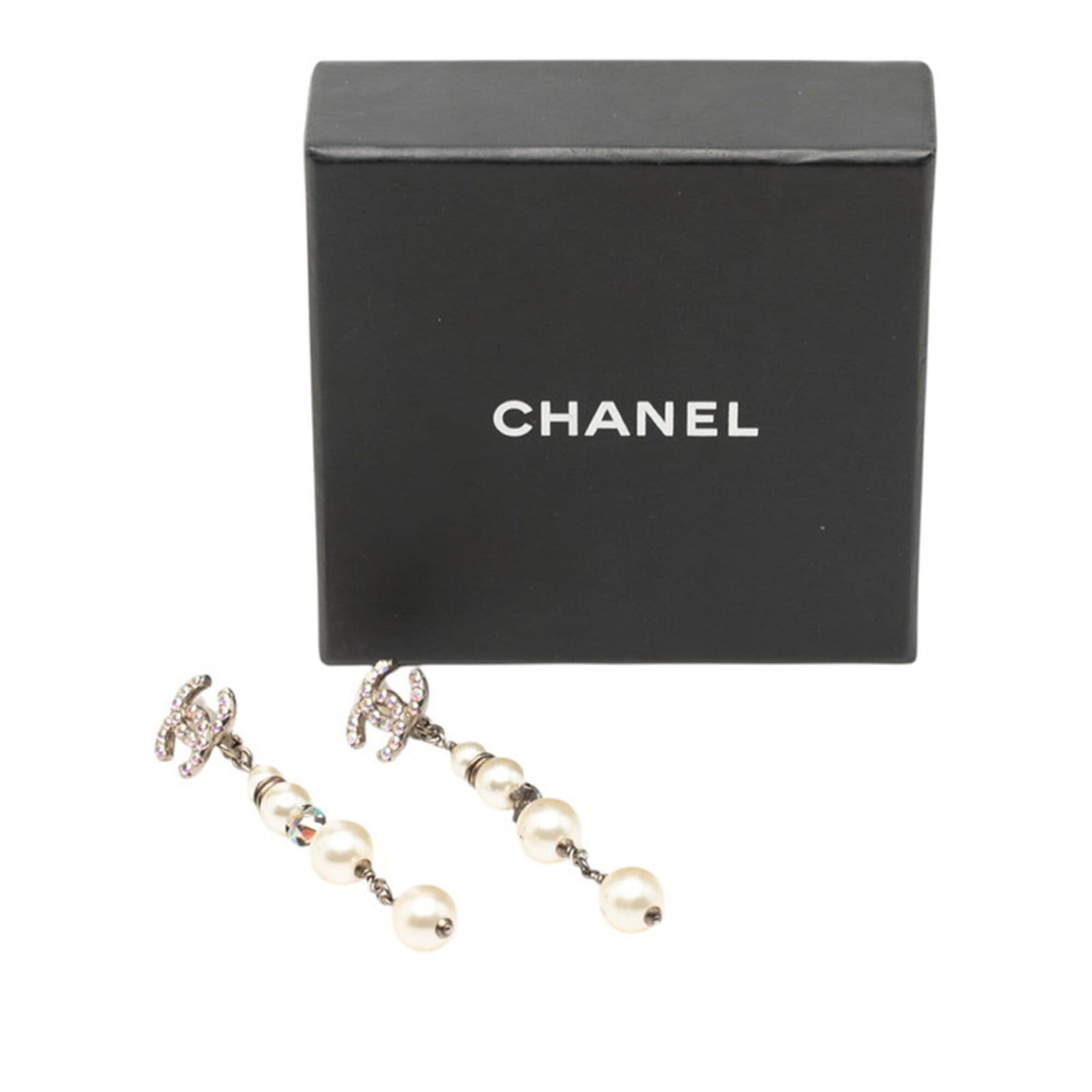Chanel Chanel Coco Mark 4-strand Pearl Earrings, 17K Stamped, Silver Metal, Faux Rhinestones, Women's CHANEL Size ONE SIZE - 4 Thumbnail