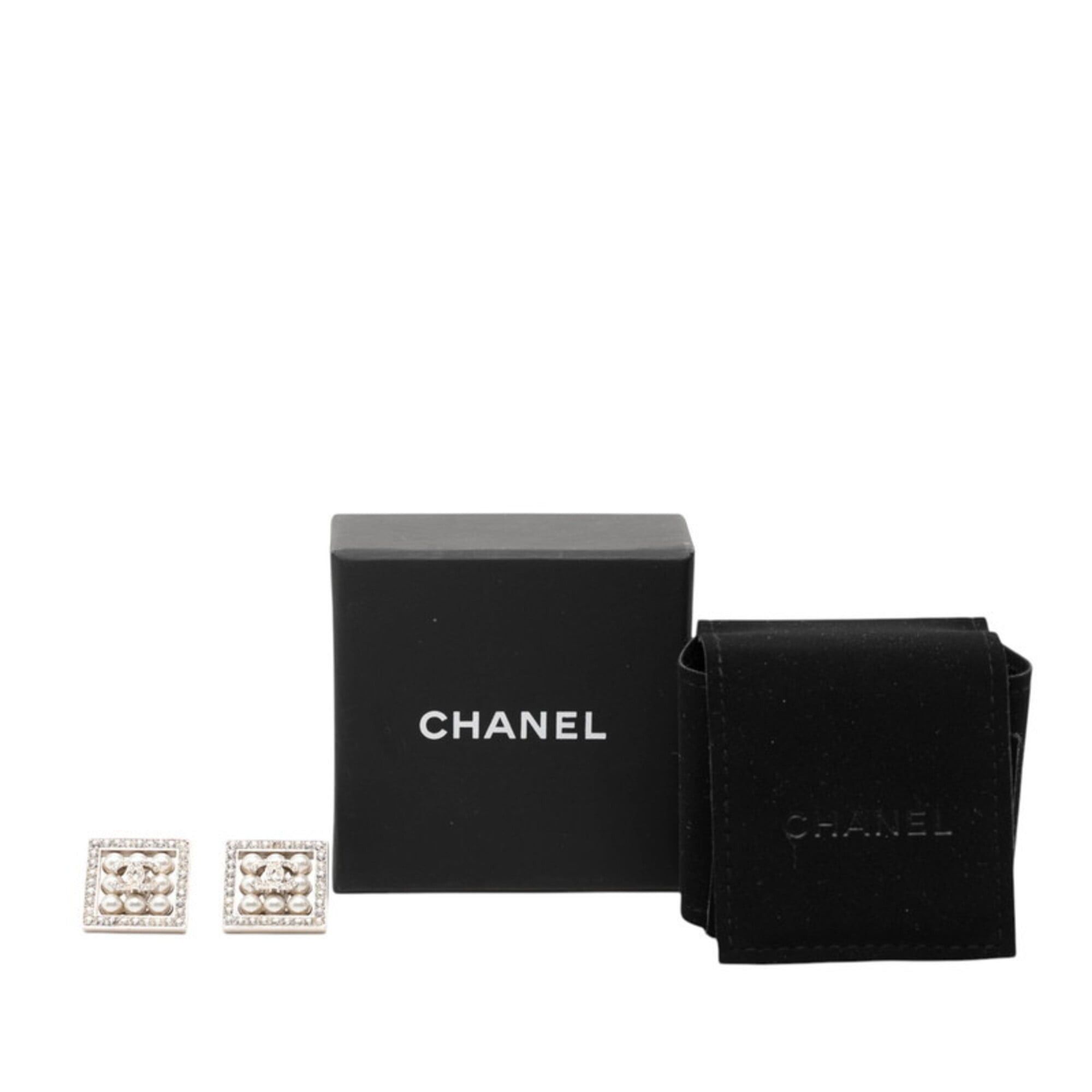 Chanel Chanel Coco Mark Square Stud Earrings, C24S Engraving, Silver Metal Rhinestone, Faux Pearl, Women's CHANEL Size ONE SIZE - 4 Thumbnail