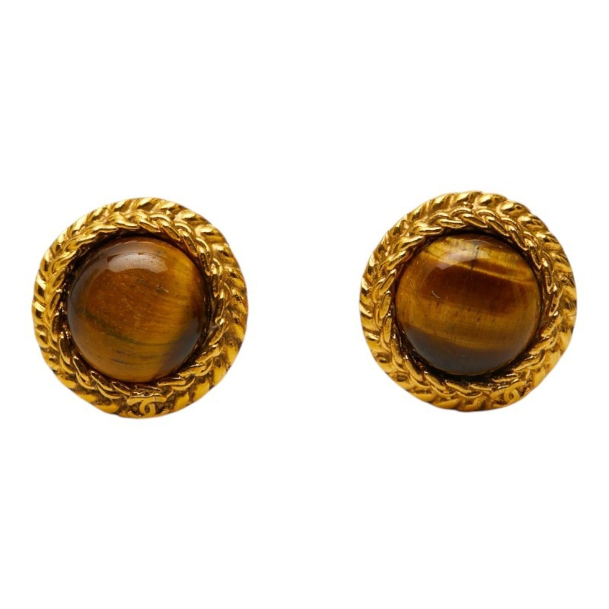 Chanel Chanel Coco Mark Round Earrings, Gold Brown Plated, Tiger Eye, Women's. Size ONE SIZE - 2 Thumbnail