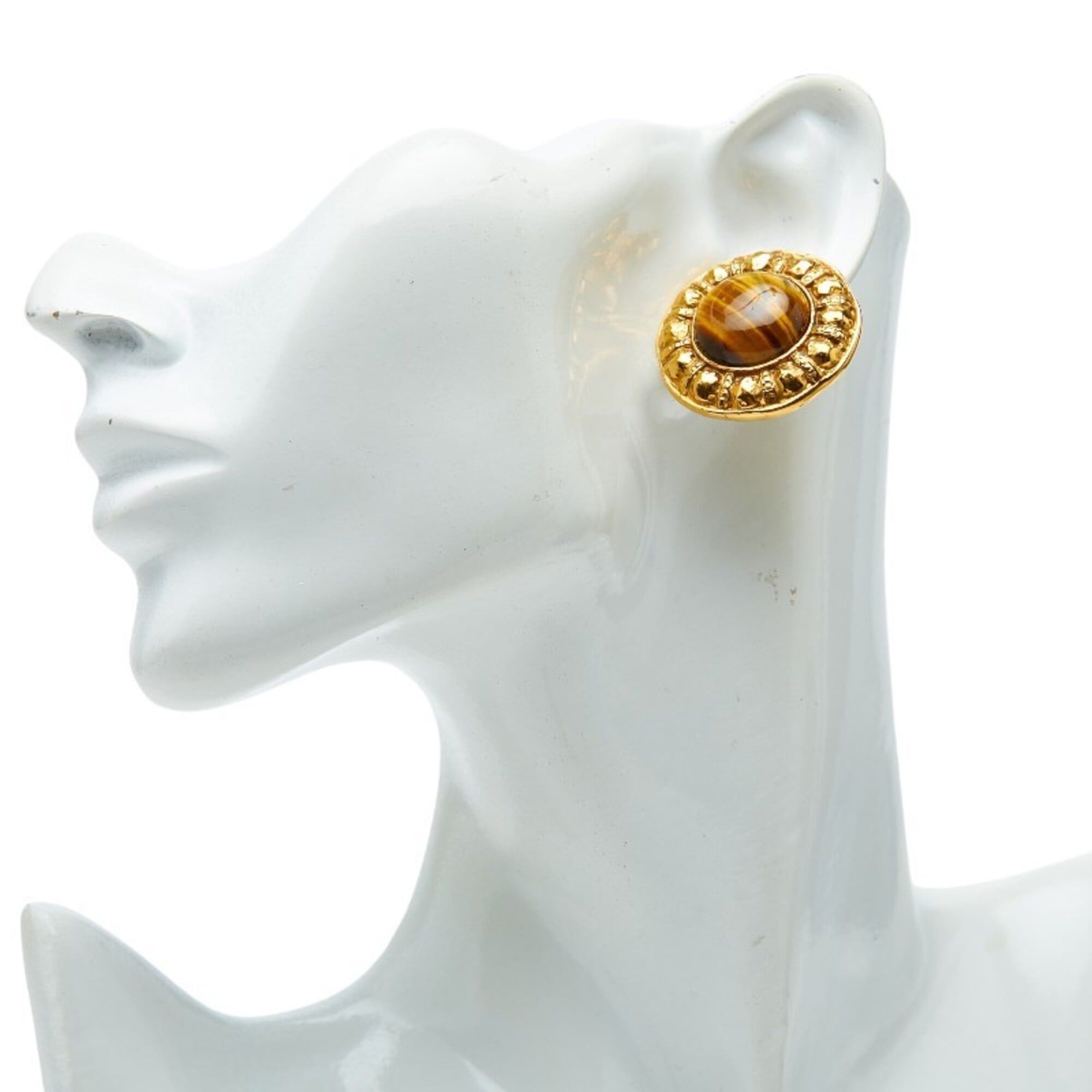 Chanel Chanel Round Earrings, Gold and Brown Plated, Tiger Eye, Women's. Size ONE SIZE - 5 Thumbnail