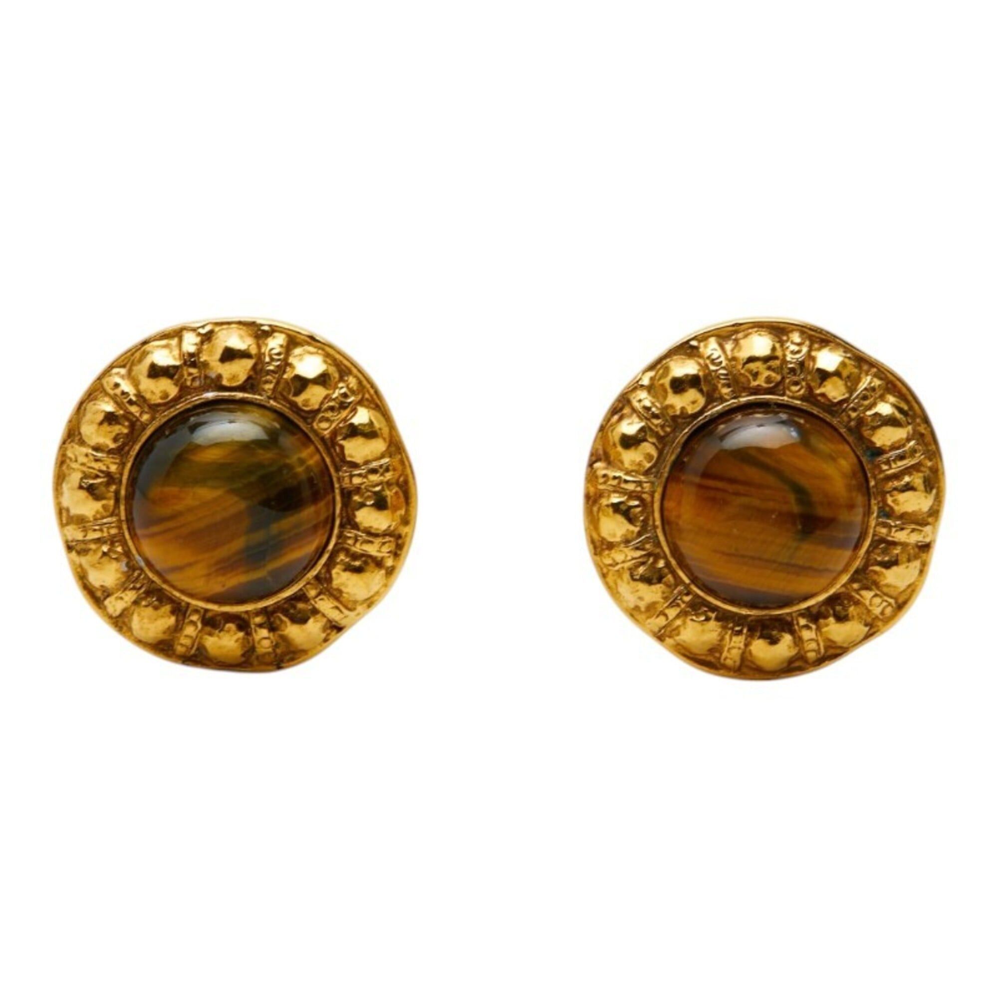 Chanel Chanel Round Earrings, Gold and Brown Plated, Tiger Eye, Women's. Size ONE SIZE - 2 Thumbnail