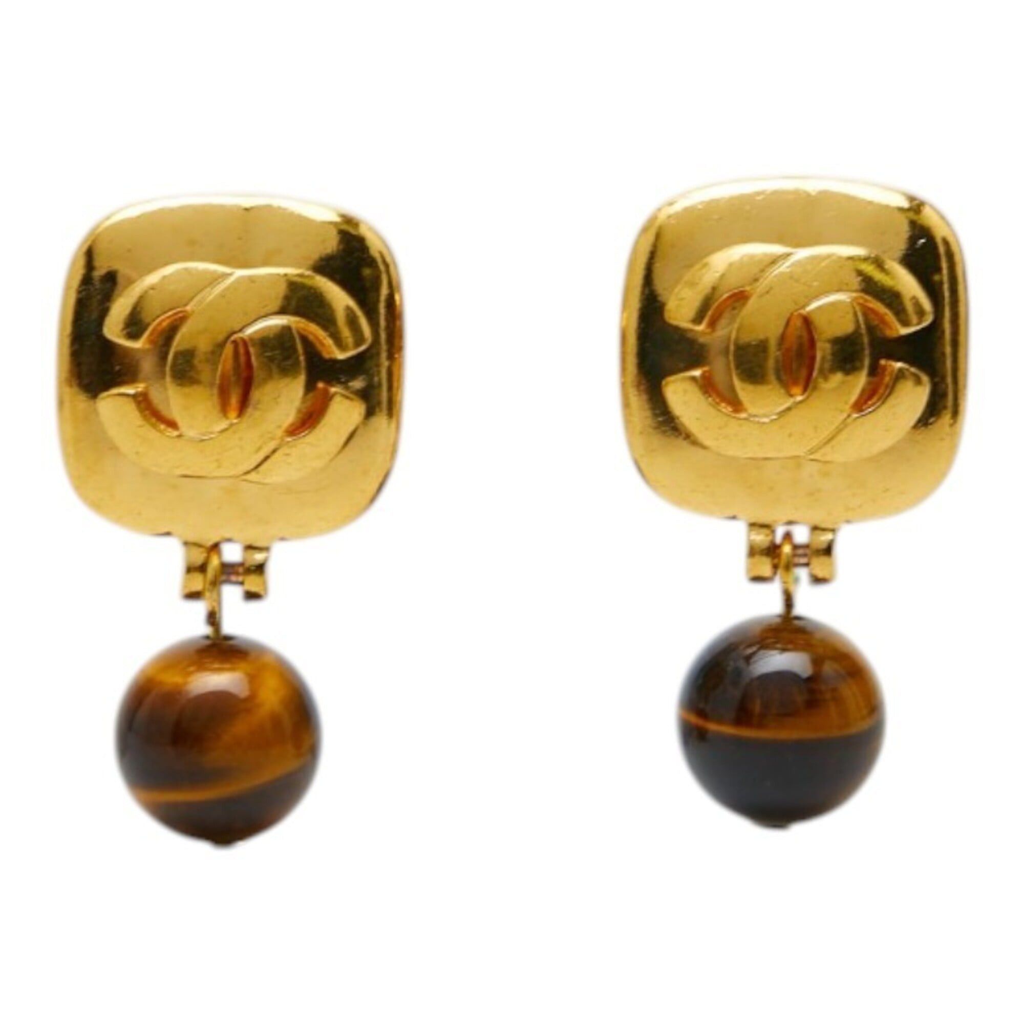 Chanel Chanel Vintage Coco Mark Earrings, Gold and Brown Plated, Tiger Eye, Women's CHANEL Size ONE SIZE - 2 Thumbnail