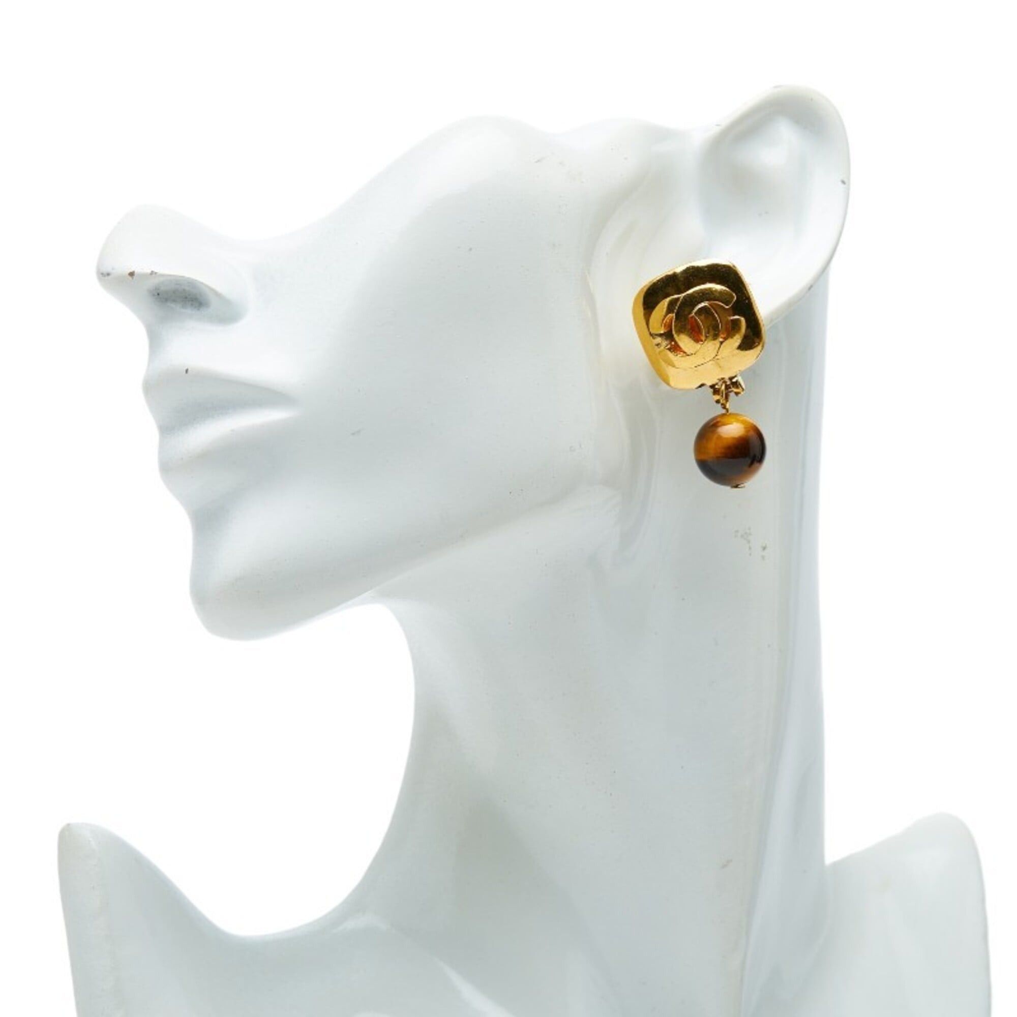 Chanel Chanel Vintage Coco Mark Earrings, Gold and Brown Plated, Tiger Eye, Women's CHANEL Size ONE SIZE - 5 Thumbnail