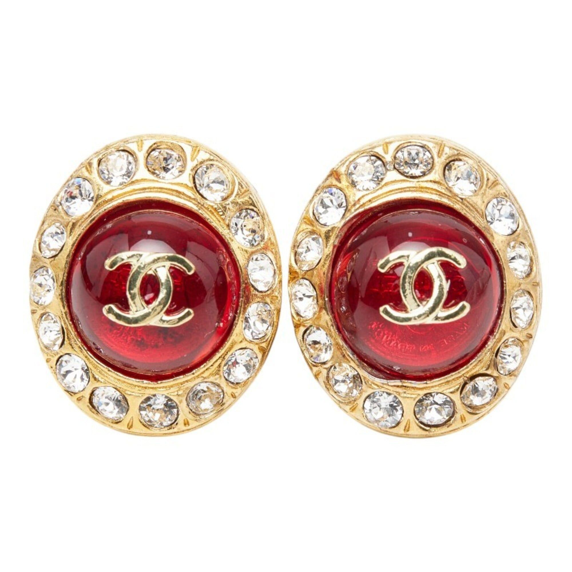 Chanel Chanel Coco Mark Gripoir Rhinestone Earrings, Gold Red Plated Glass, Women's CHANEL Size ONE SIZE - 2 Thumbnail