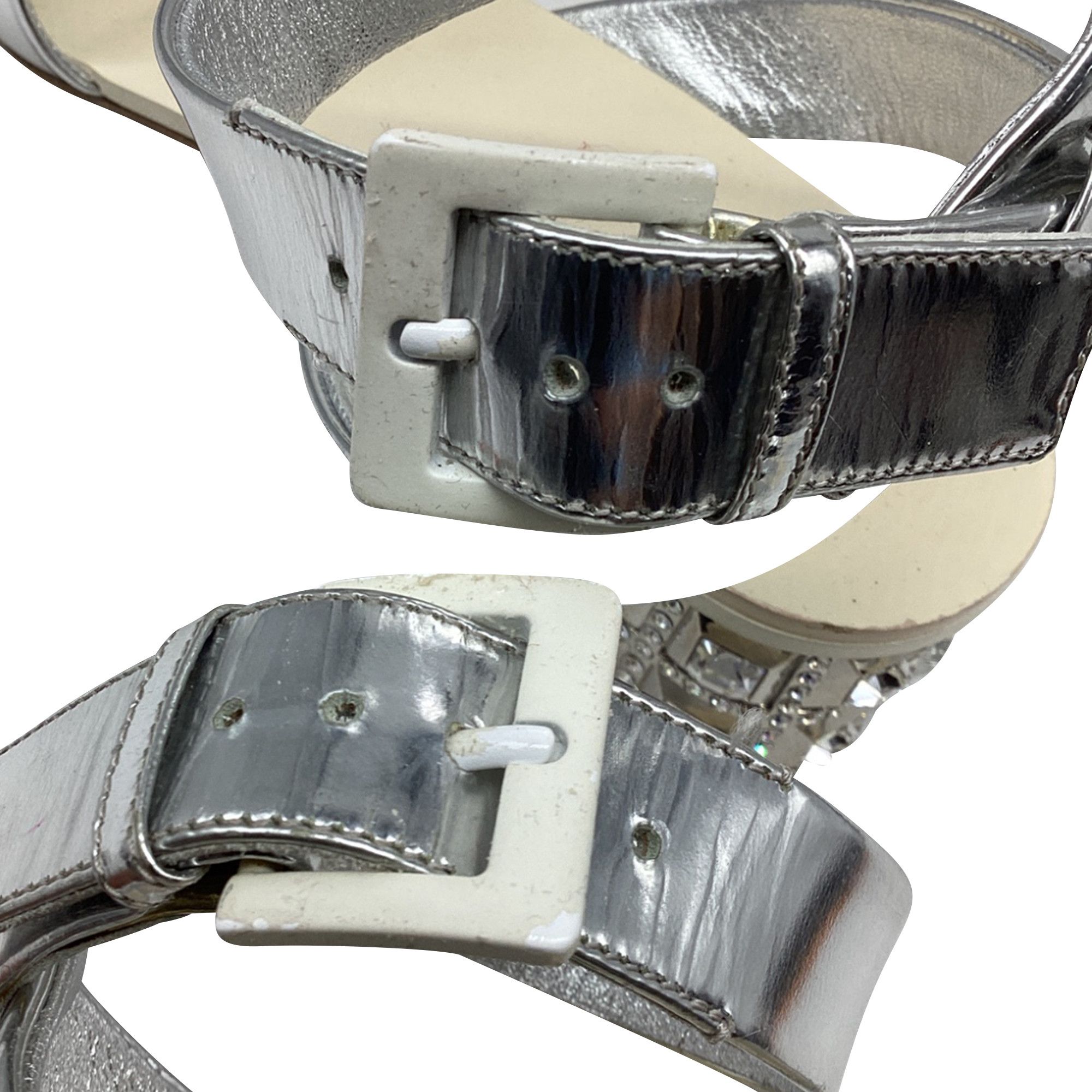 Miu Miu Miu Miu Crysta- Embellish Sandal Heels in Silver Patent Leat Size US 8.5 / IT 38.5 - 7 Thumbnail