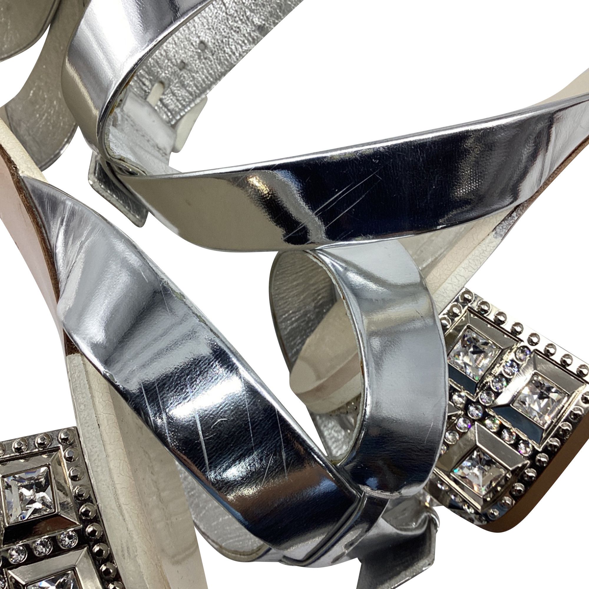 Miu Miu Miu Miu Crysta- Embellish Sandal Heels in Silver Patent Leat Size US 8.5 / IT 38.5 - 8 Thumbnail