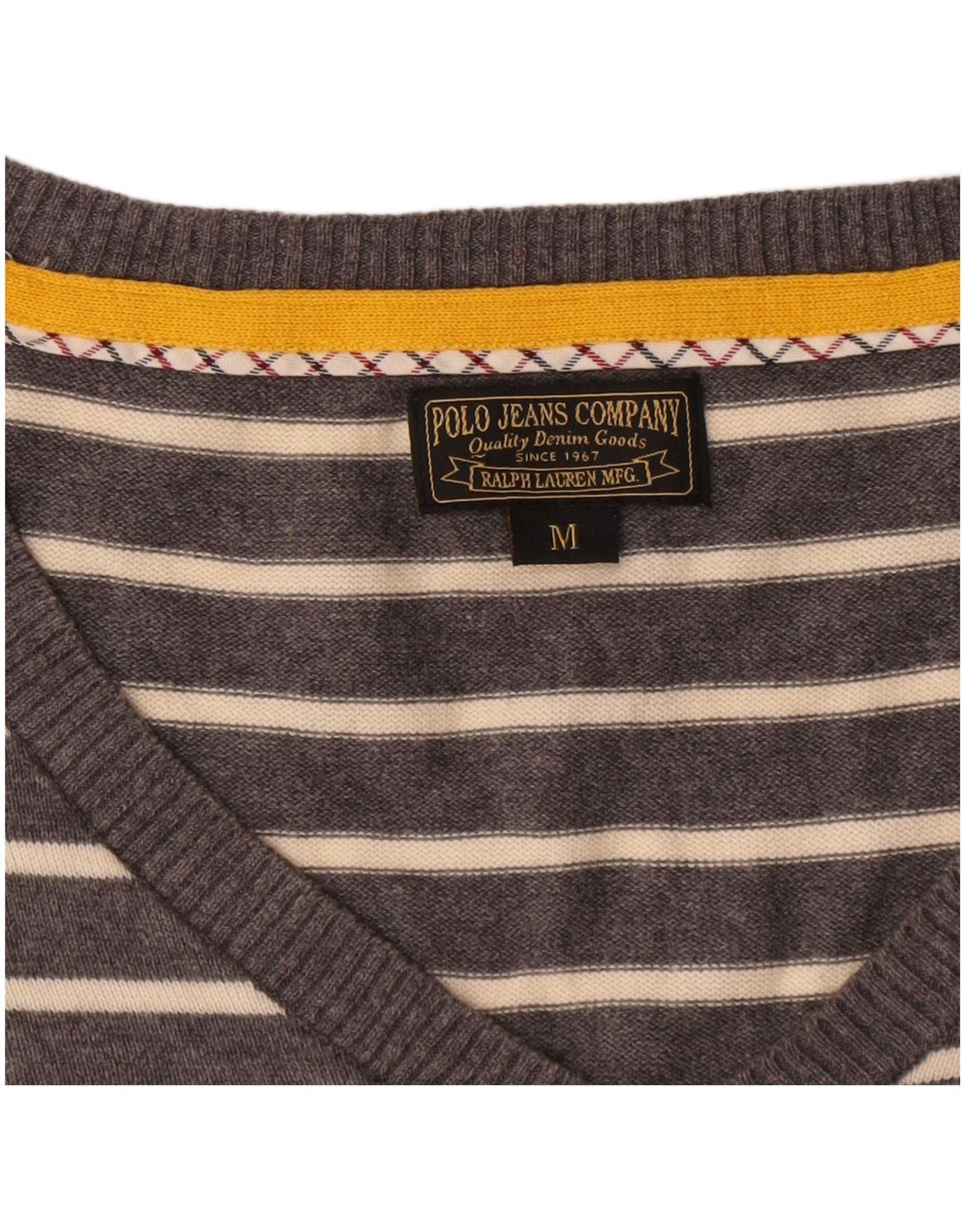 Ralph Lauren Womens V-Neck Jumper Sweater UK 14 Medium Grey Striped Cotto Size S / US 4 / IT 40 - 3 Thumbnail