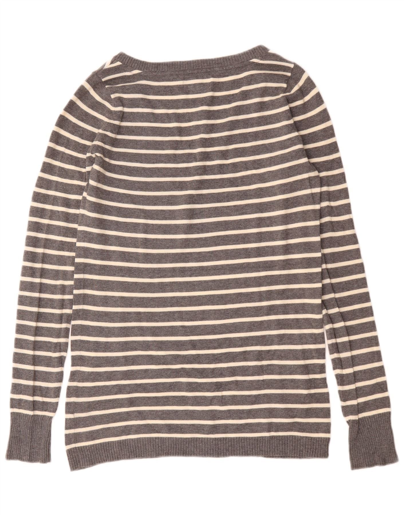 Ralph Lauren Womens V-Neck Jumper Sweater UK 14 Medium Grey Striped Cotto Size S / US 4 / IT 40 - 2 Thumbnail
