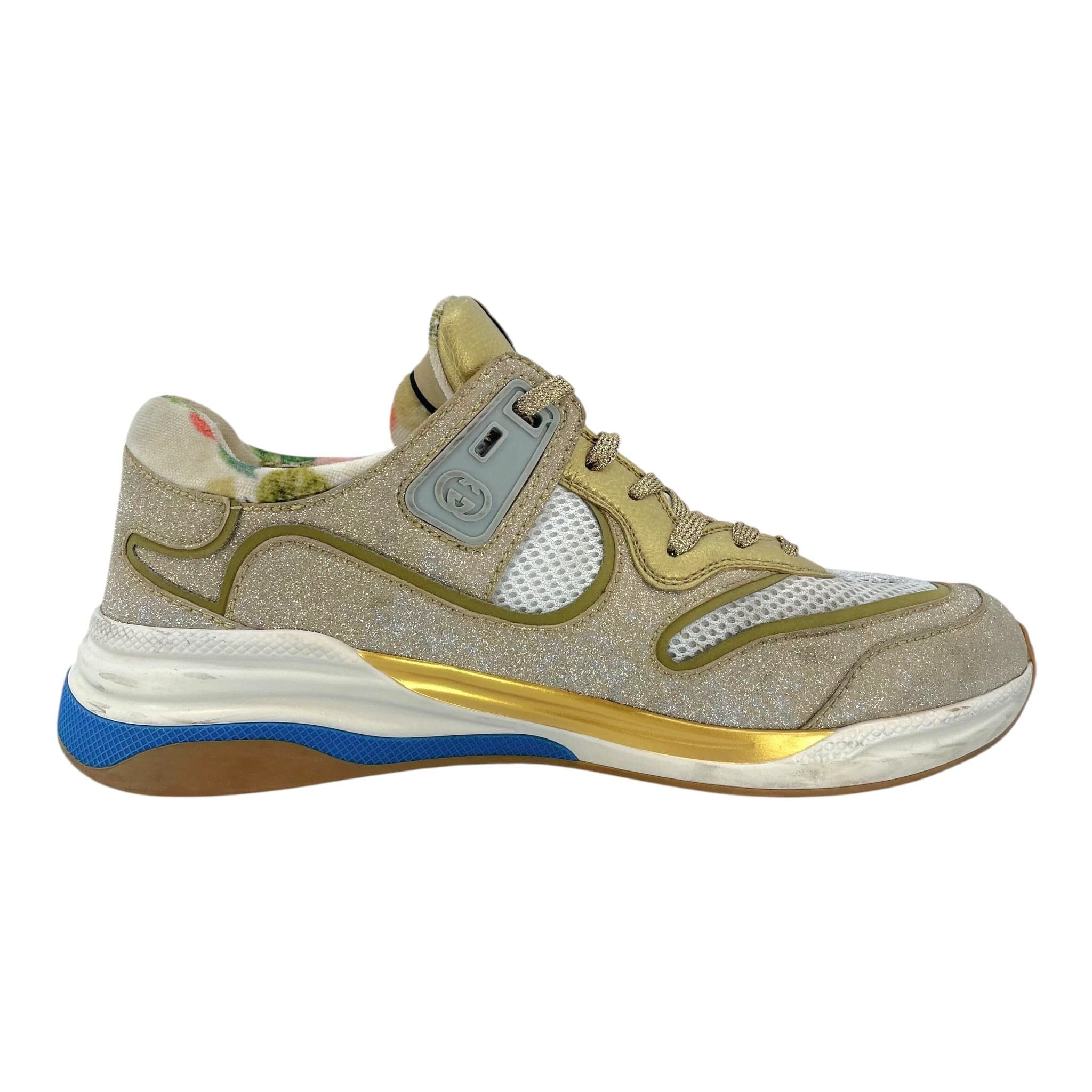 Gucci Ultrapace Glitter Printed Sneaker Beige Gold Size US 8.5 / EU 41-42 - 4 Thumbnail