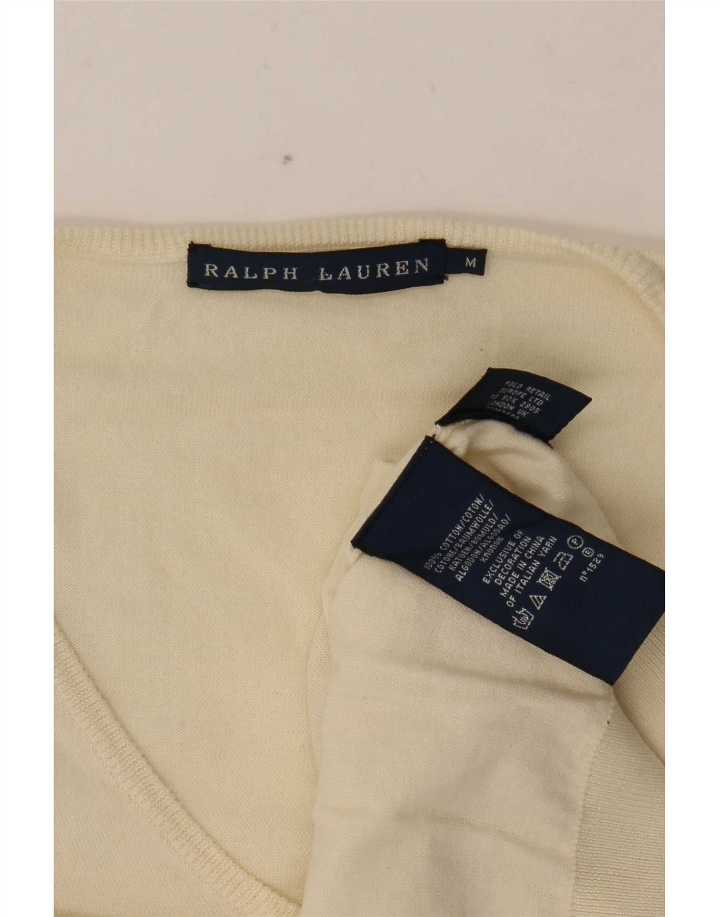 Ralph Lauren Womens V-Neck Jumper Sweater UK 12 Medium Off White Cotton Size XS / US 0-2 / IT 36-38 - 3 Thumbnail