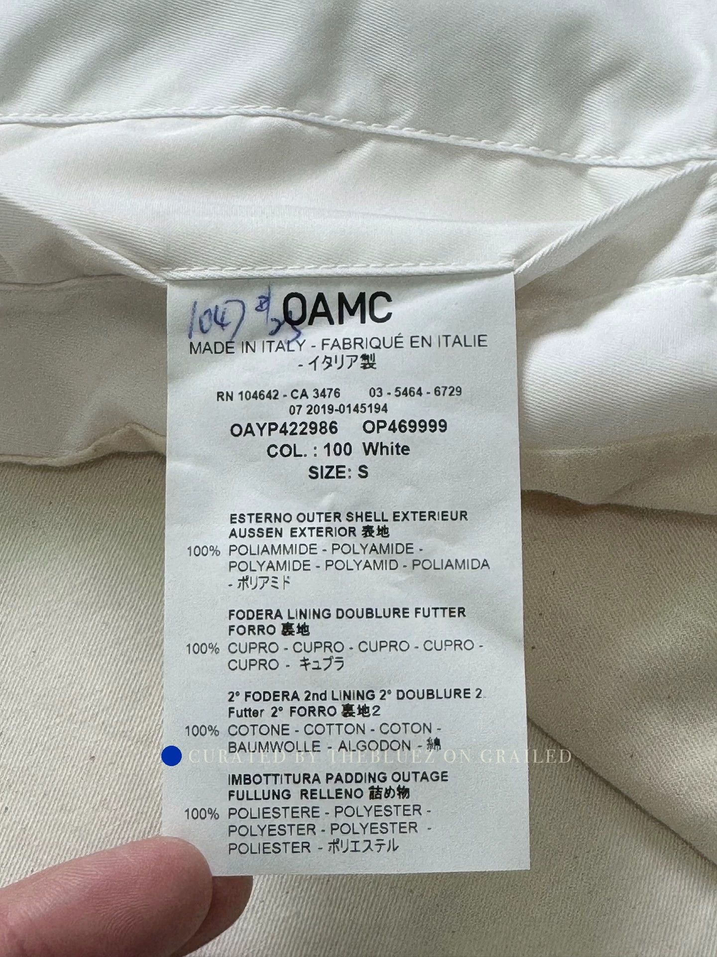 OAMC White Bomber Jacket with Patch, Size S Size US S / EU 44-46 / 1 - 7 Thumbnail