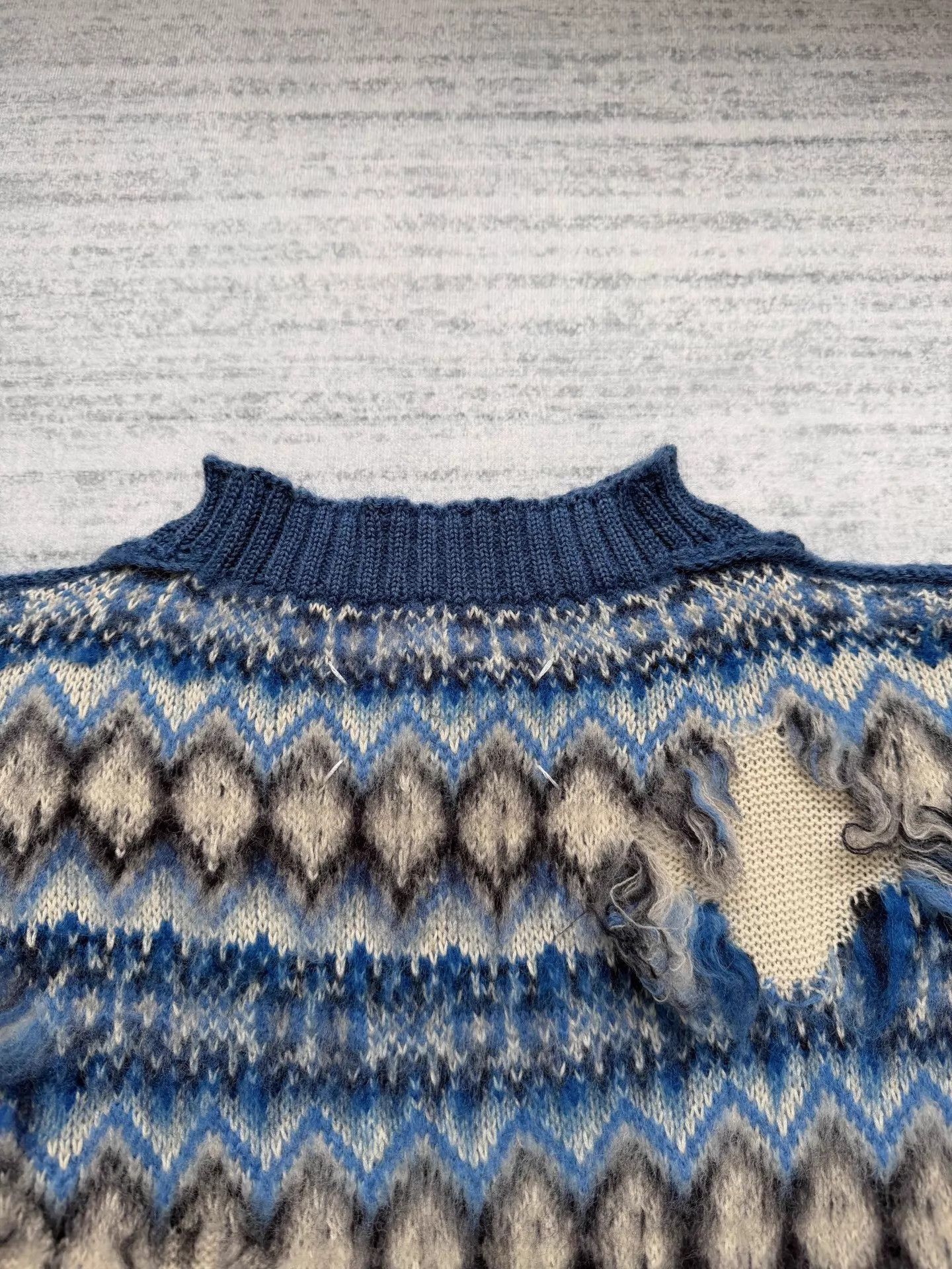 Maison Margiela Distressed Blue Fair Isle Knit Sweater Size US S / EU 44-46 / 1 - 4 Thumbnail