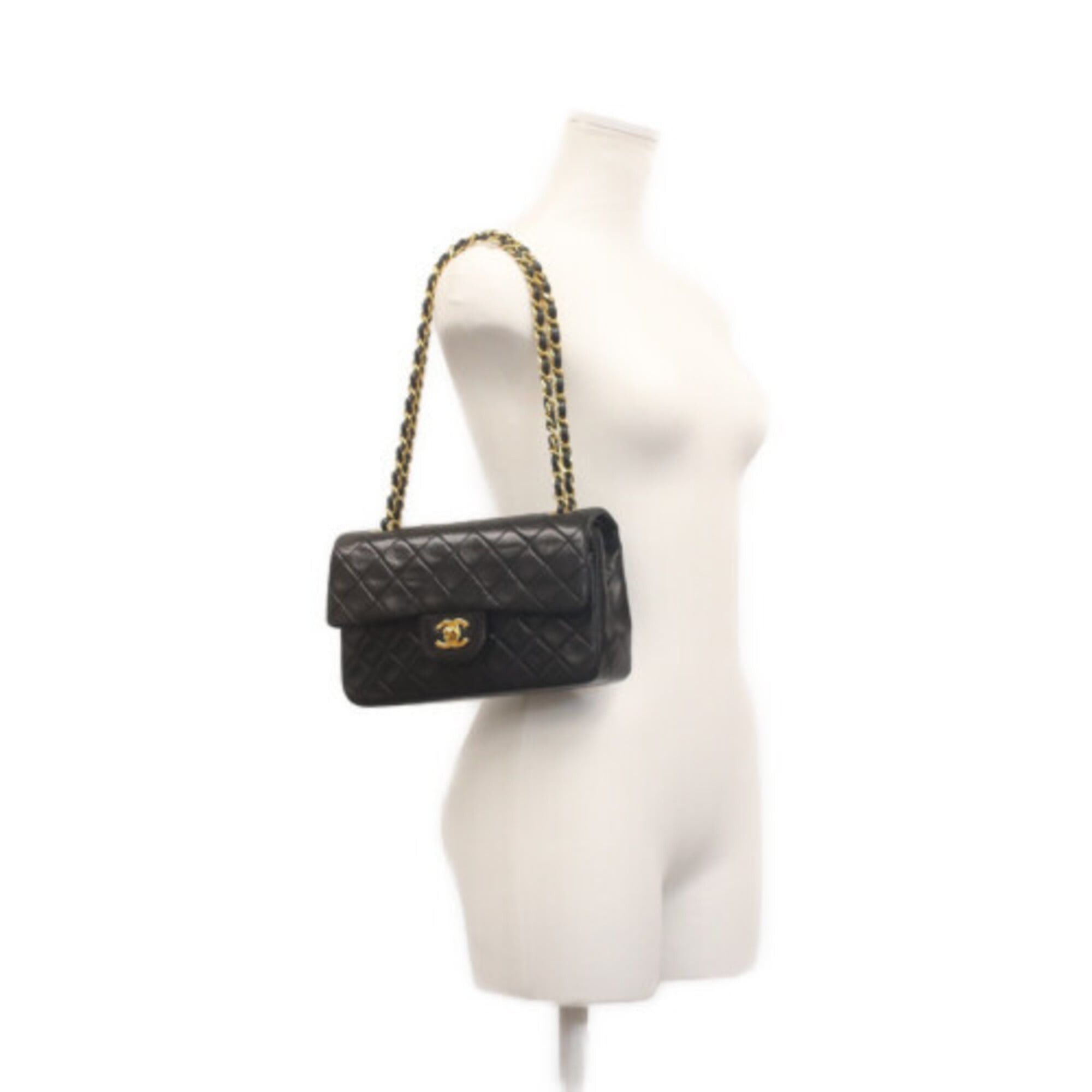Chanel CHANEL A01113 Lambskin Double Flap Matelassé 23 Shoulder Bag, Black with Gold Hardware, Women's Size ONE SIZE - 14 Thumbnail