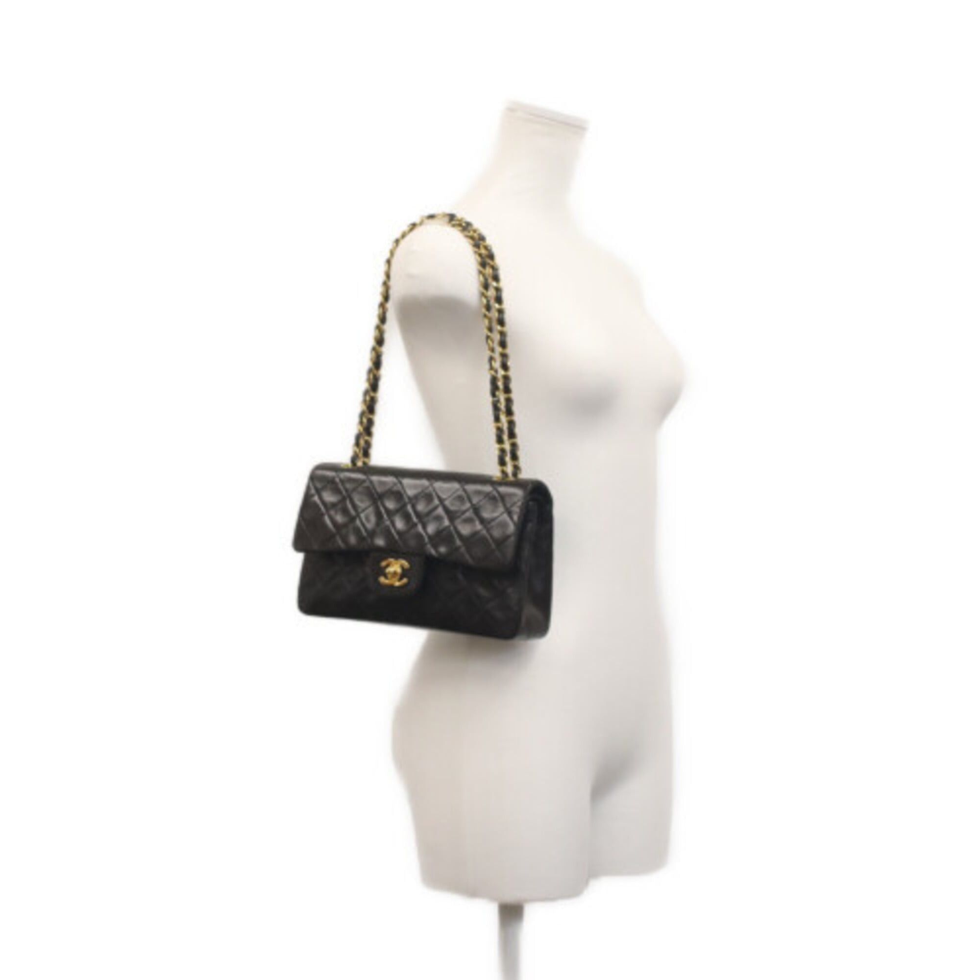 Chanel CHANEL A01113 Lambskin Double Flap Matelassé 23 Shoulder Bag, Black with Gold Hardware, Women's Size ONE SIZE - 14 Thumbnail