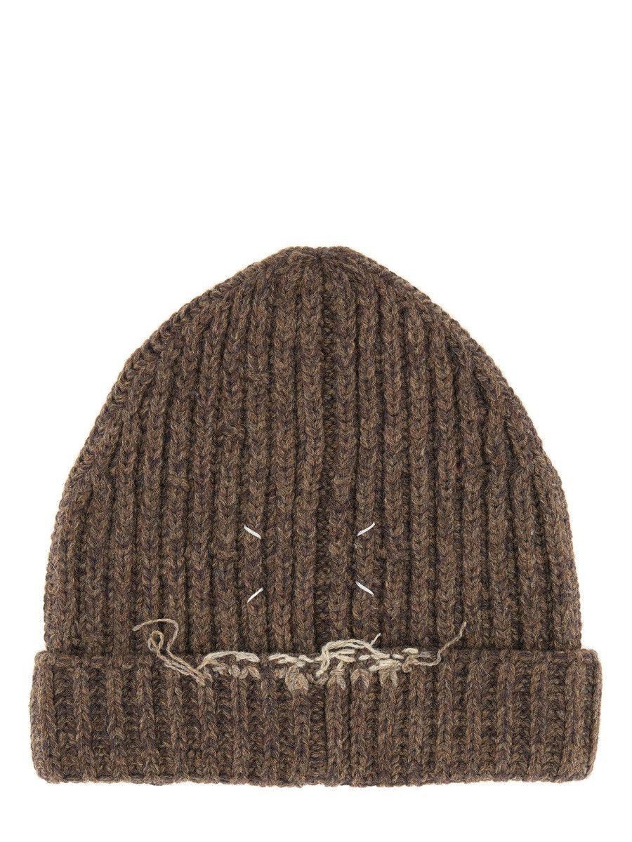 Maison Margiela MAISON MARGIELA WOOL AND COTTON BLEND BEANIE - BROWN Size ONE SIZE - 2 Thumbnail