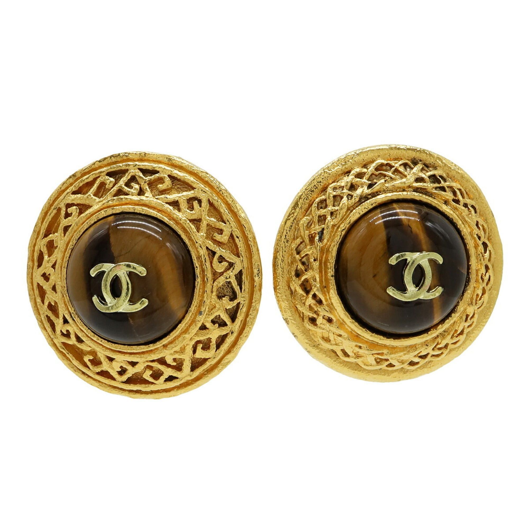 Chanel CHANEL Tiger Eye Coco Mark Round Earrings GP Gold Brown Size ONE SIZE - 2 Thumbnail