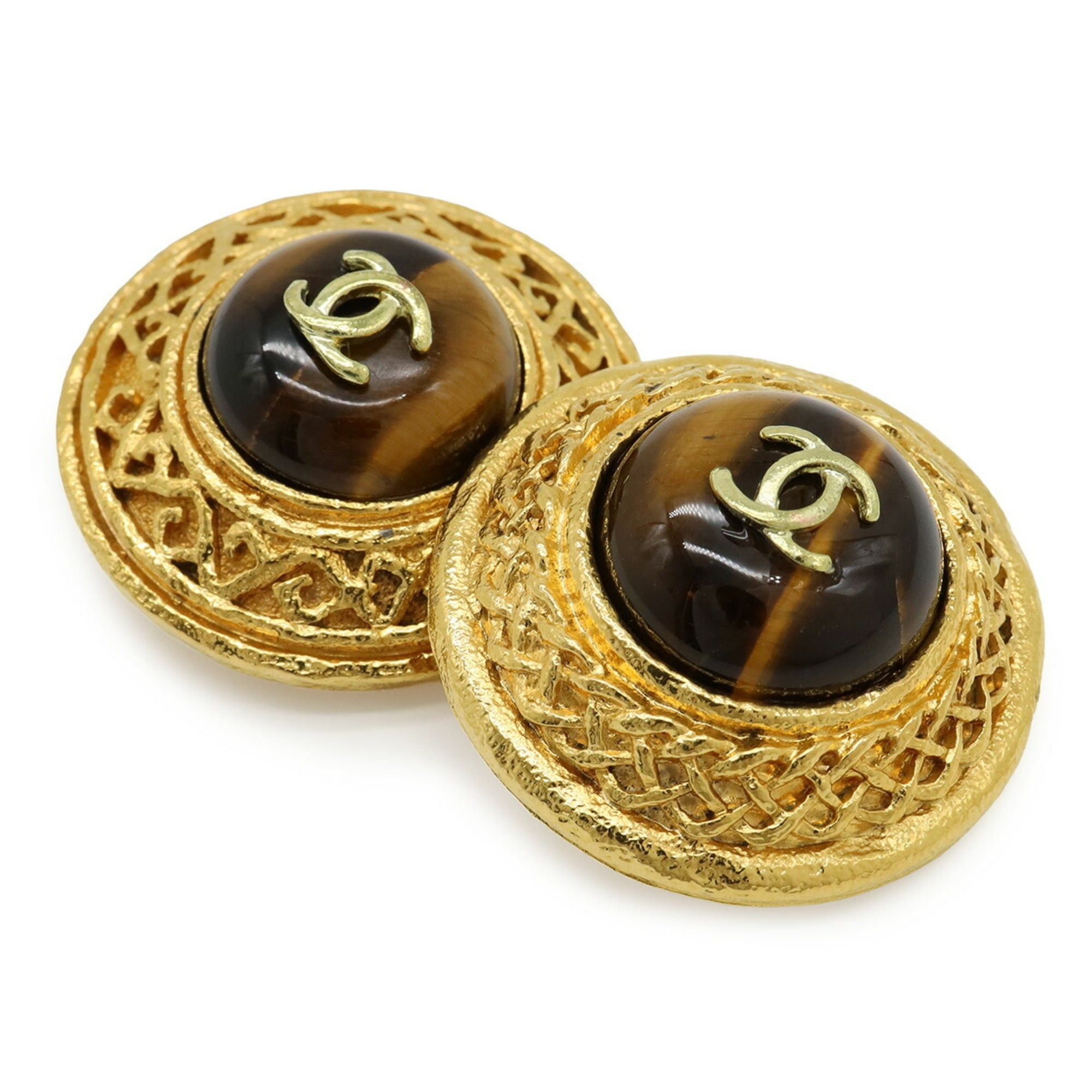 Chanel CHANEL Tiger Eye Coco Mark Round Earrings GP Gold Brown Size ONE SIZE - 3 Thumbnail