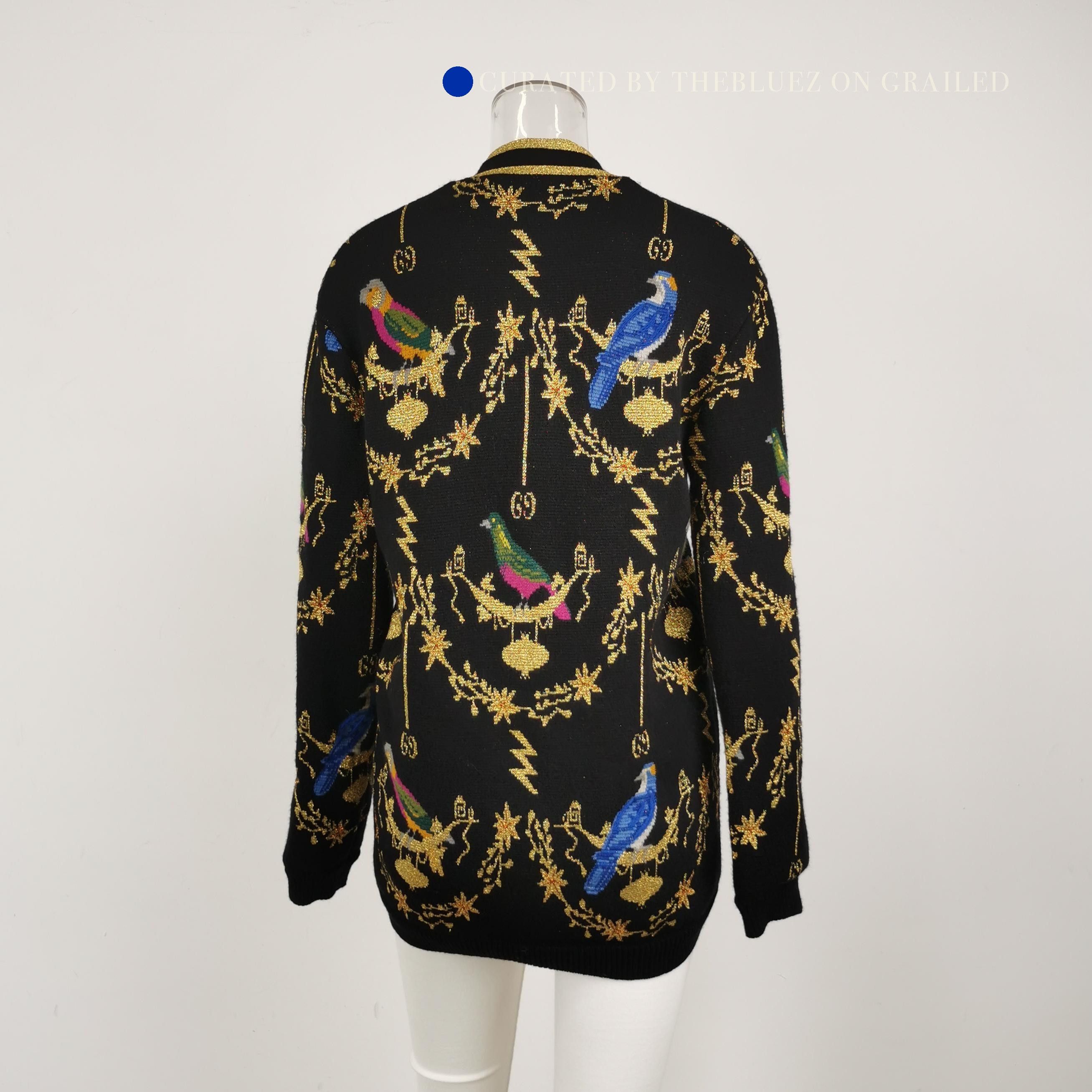 Gucci Black V-Neck Cardigan with Bird Pattern Size US XS / EU 42 / 0 - 3 Thumbnail