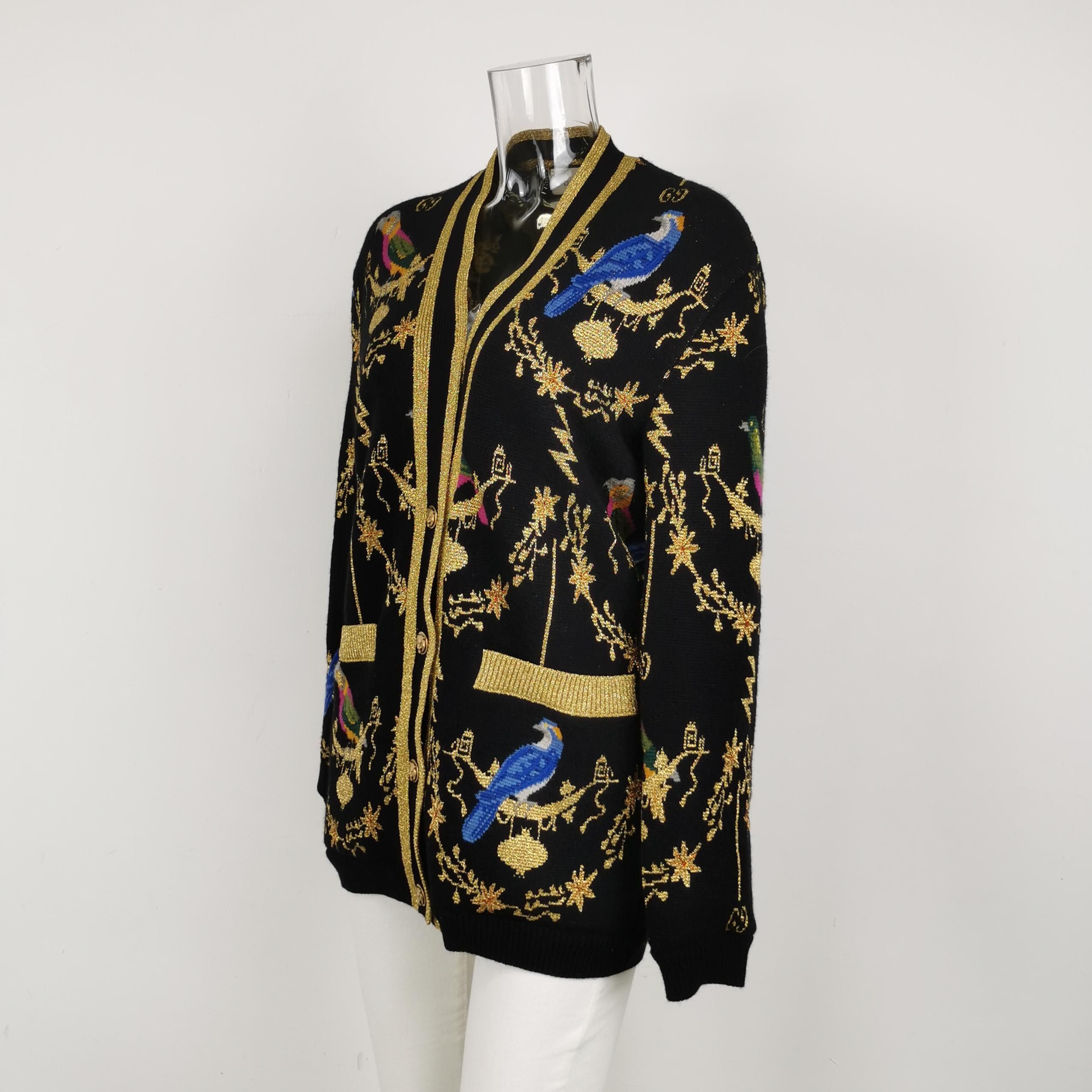 Gucci Black V-Neck Cardigan with Bird Pattern Size US XS / EU 42 / 0 - 2 Thumbnail