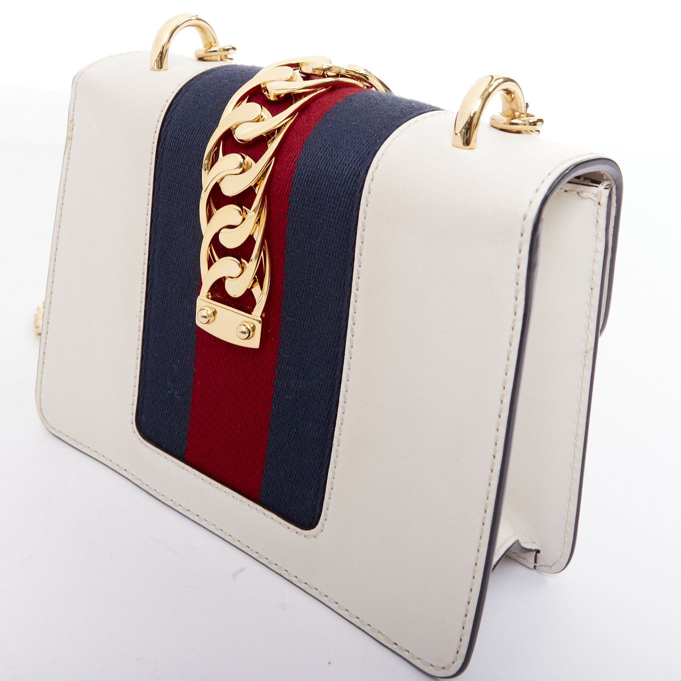 Gucci GUCCI Small Sylvie white calf leather navy red web stripe chain shoulder bag Size ONE SIZE - 8 Thumbnail