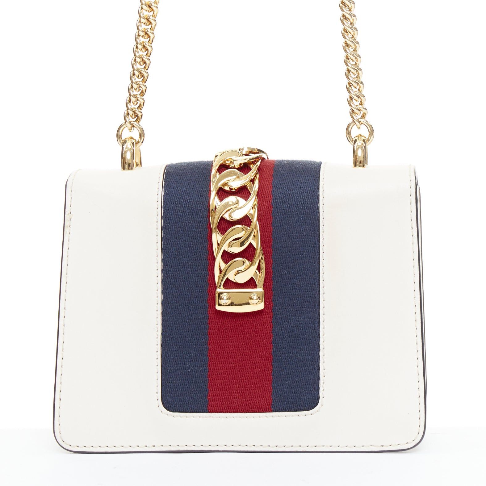 Gucci GUCCI Small Sylvie white calf leather navy red web stripe chain shoulder bag Size ONE SIZE - 5 Thumbnail