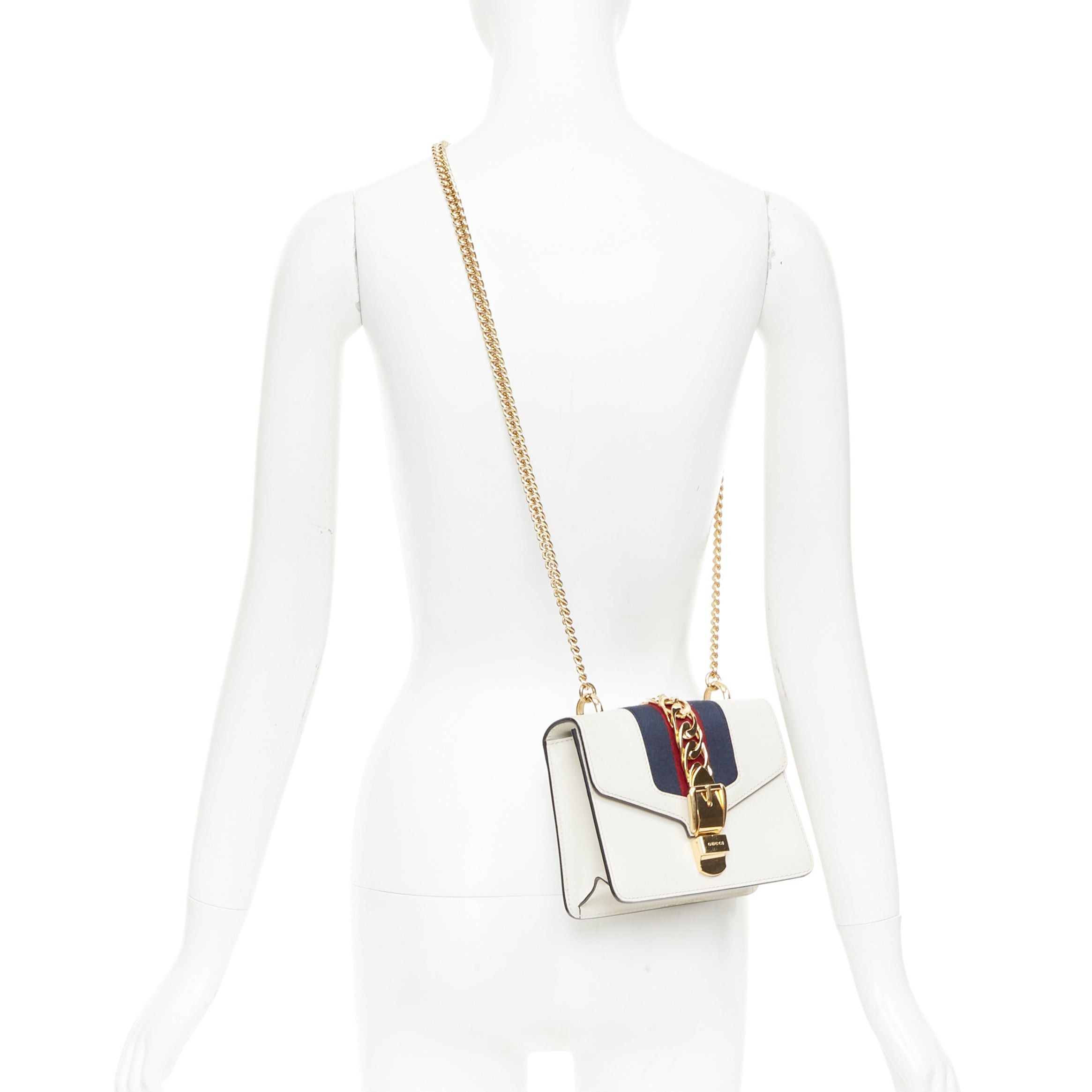 Gucci GUCCI Small Sylvie white calf leather navy red web stripe chain shoulder bag Size ONE SIZE - 2 Thumbnail