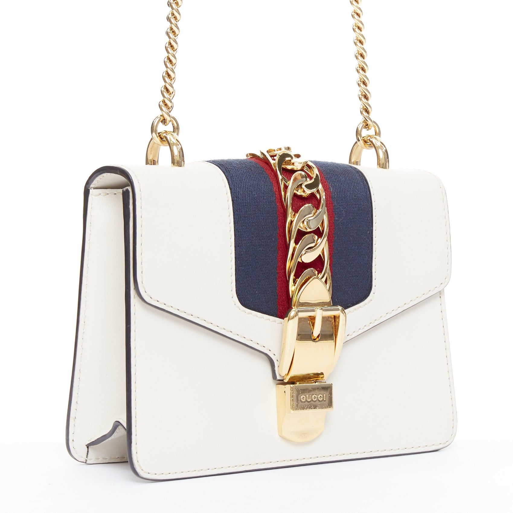 Gucci GUCCI Small Sylvie white calf leather navy red web stripe chain shoulder bag Size ONE SIZE - 3 Thumbnail