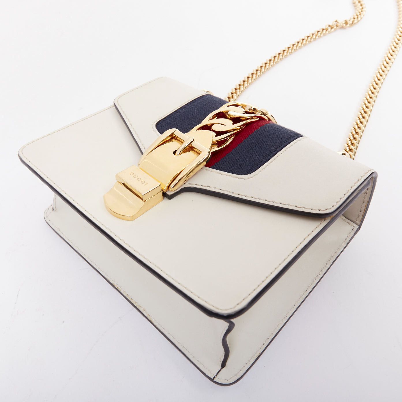 Gucci GUCCI Small Sylvie white calf leather navy red web stripe chain shoulder bag Size ONE SIZE - 7 Thumbnail