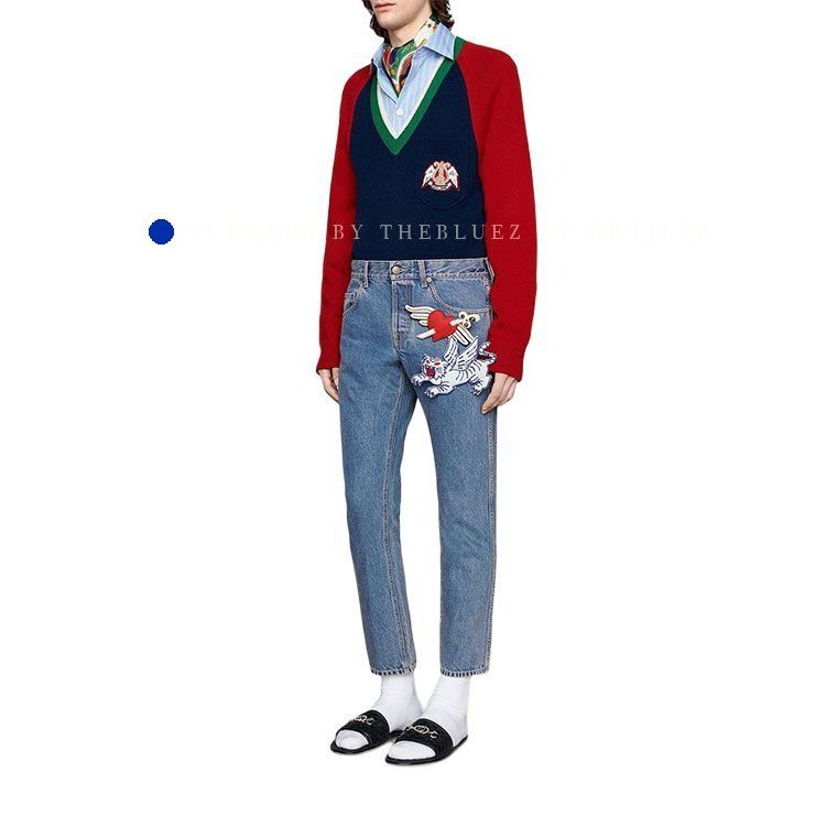 Gucci Blue V-Neck Sweater with Lyre Patch Size US XS / EU 42 / 0 - 10 Thumbnail
